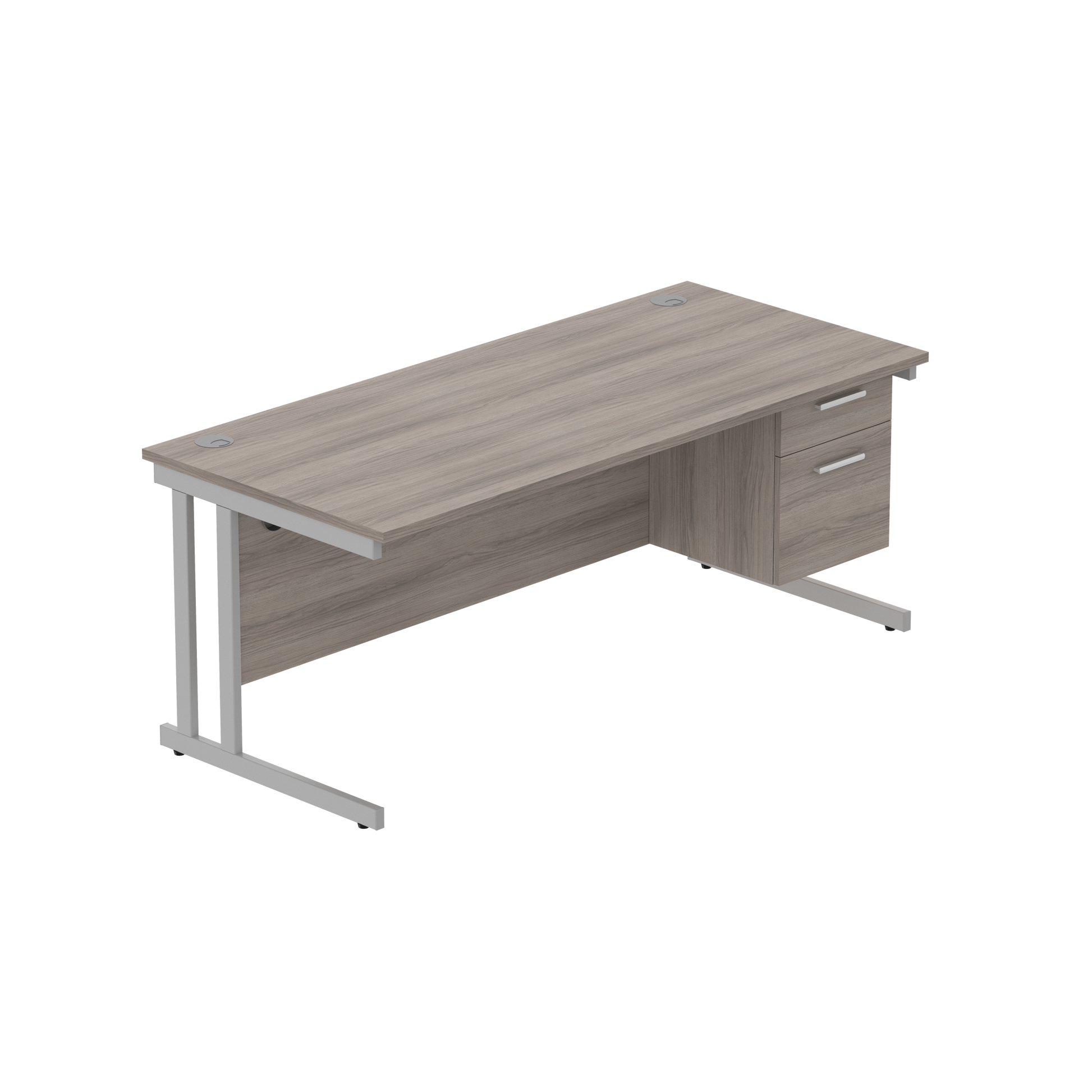 Office Rectangular Desk with Steel Double Upright Cantilever Legs + 2 Drawer Fixed Pedestal (FSC) | 1800X800 | Alaskan Grey Oak/Silver
