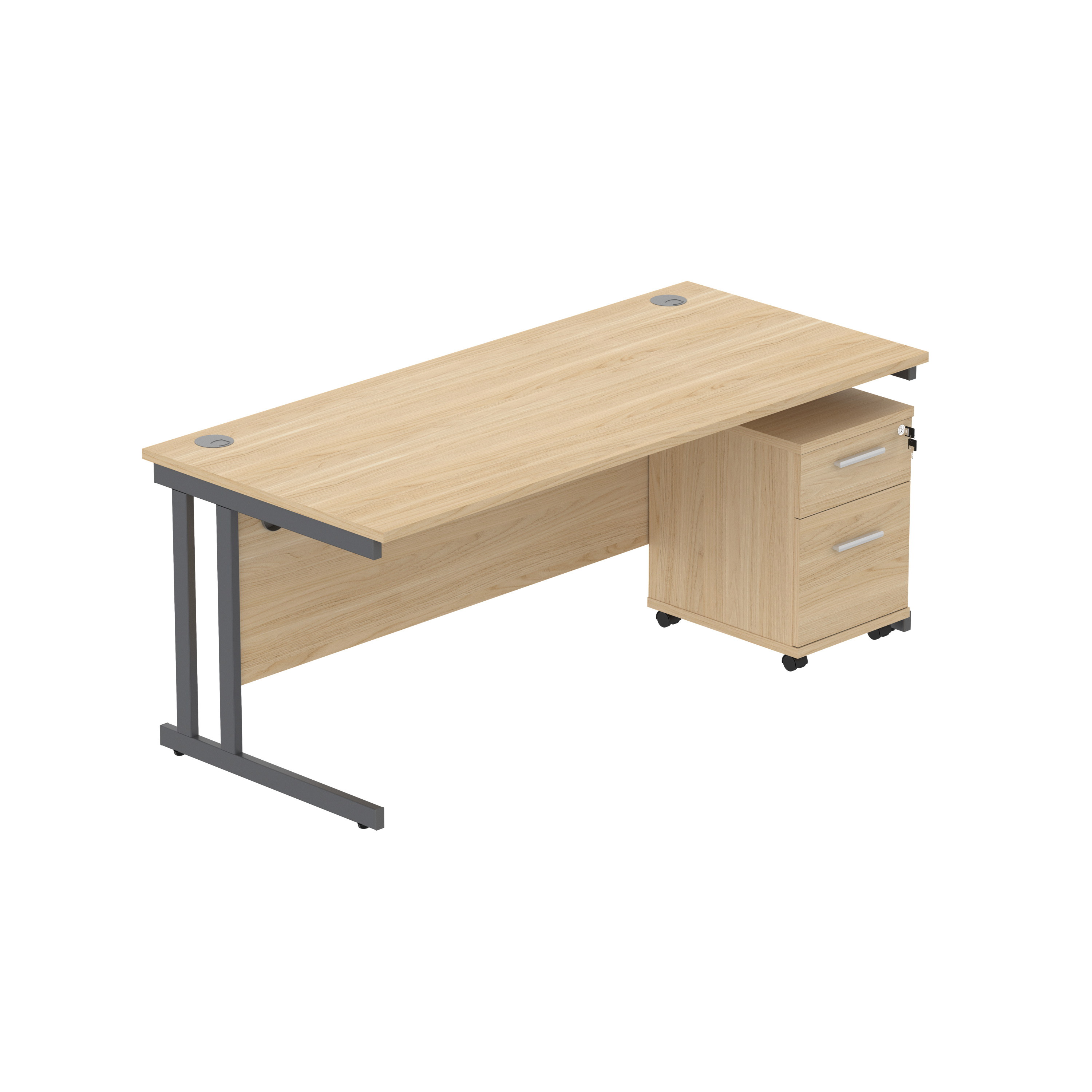 Double Upright Rectangular Desk + 2 Drawer Mobile Under Desk Pedestal (FSC) | 1800X800 | Canadian Oak/Graphite