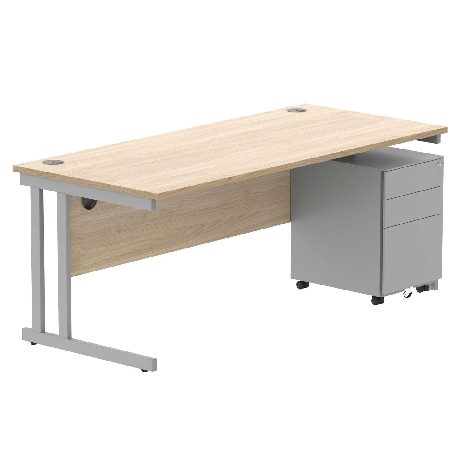 Double Upright Rectangular Desk + Under Desk Steel Pedestal 3 Drawers (FSC) | 1800X800 | Canadian Oak/Silver