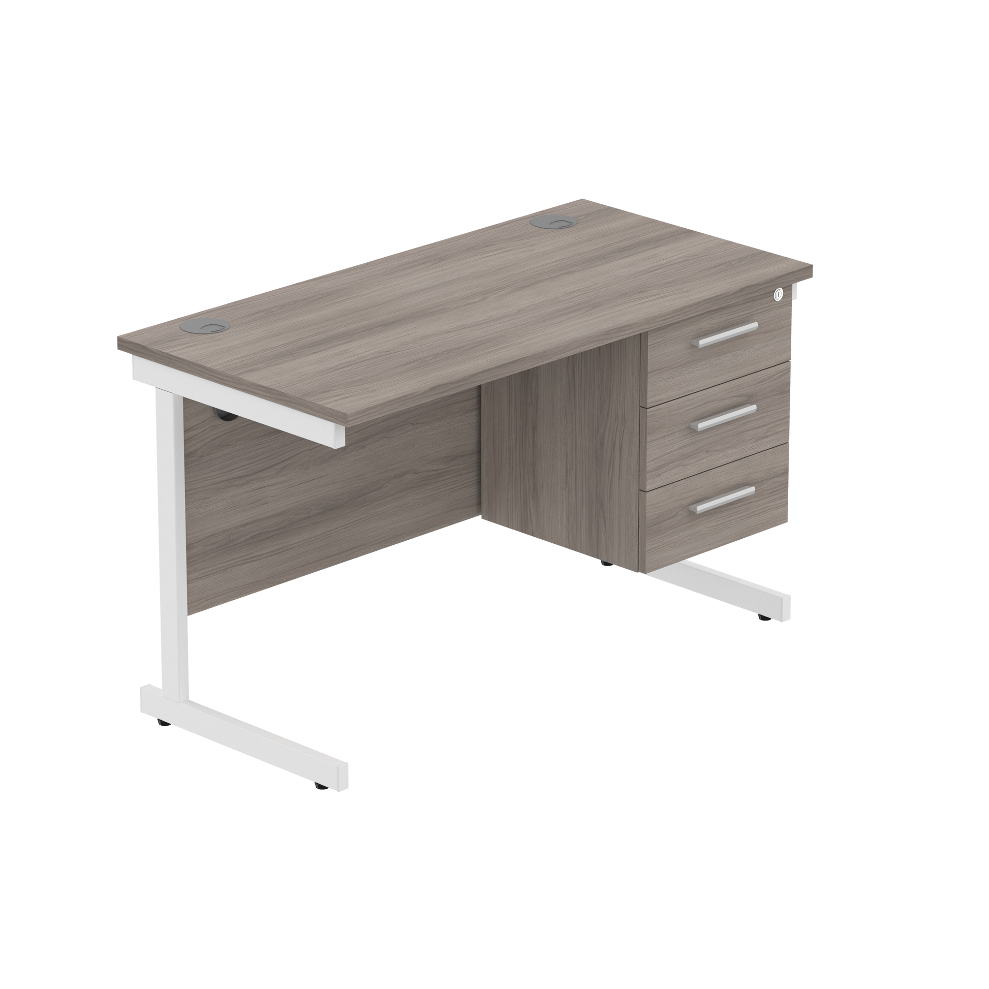 Office Rectangular Desk with Steel Single Upright Cantilever Legs + 3 Drawer Fixed Pedestal (FSC) | 1200X600 | Alaskan Grey Oak/White