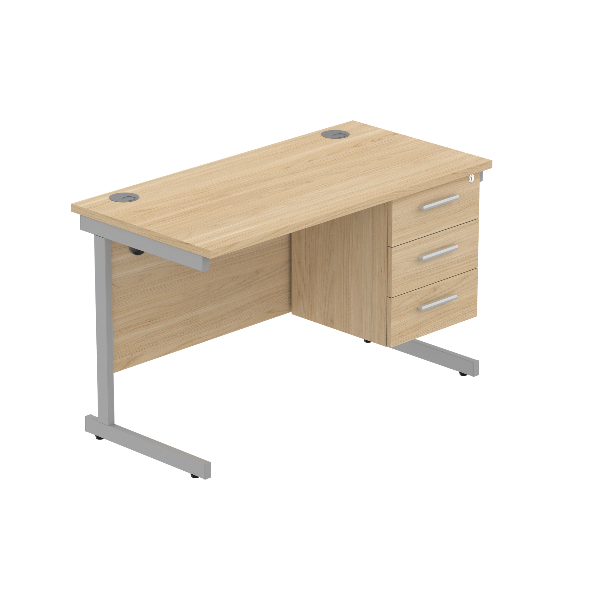 Office Rectangular Desk with Steel Single Upright Cantilever Legs + 3 Drawer Fixed Pedestal (FSC) | 1200X600 | Canadian Oak/Silver