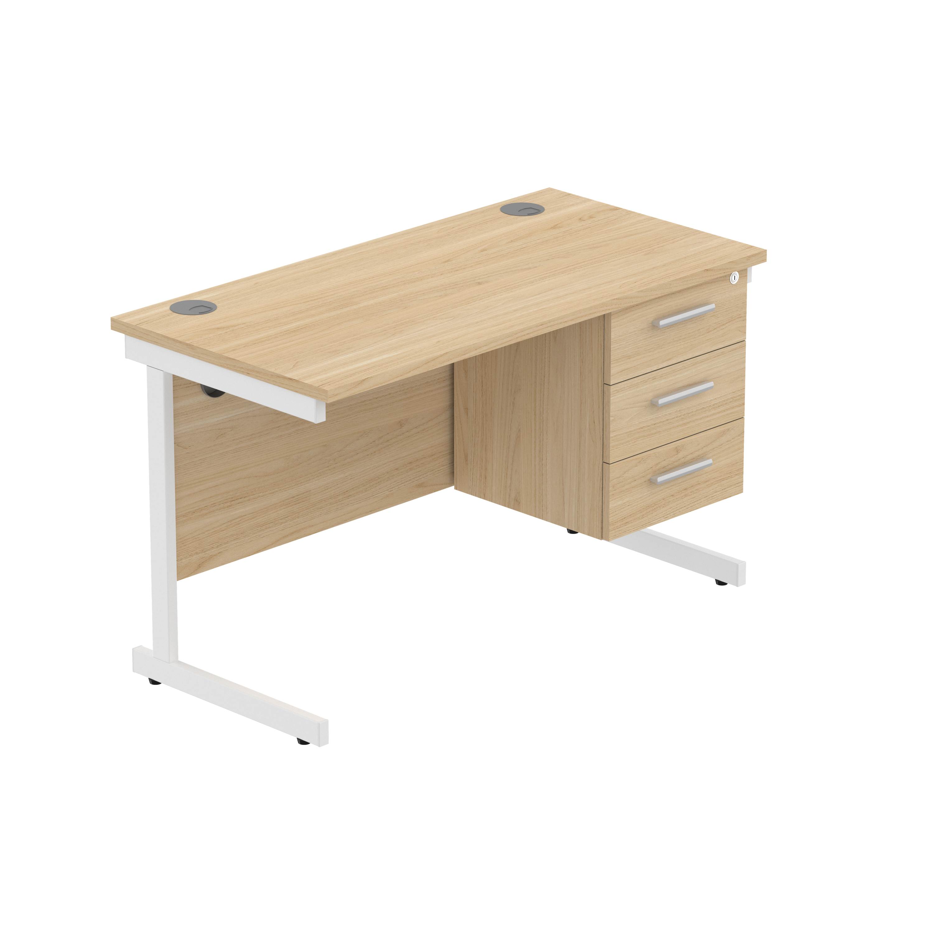 Office Rectangular Desk with Steel Single Upright Cantilever Legs + 3 Drawer Fixed Pedestal (FSC) | 1200X600 | Canadian Oak/White