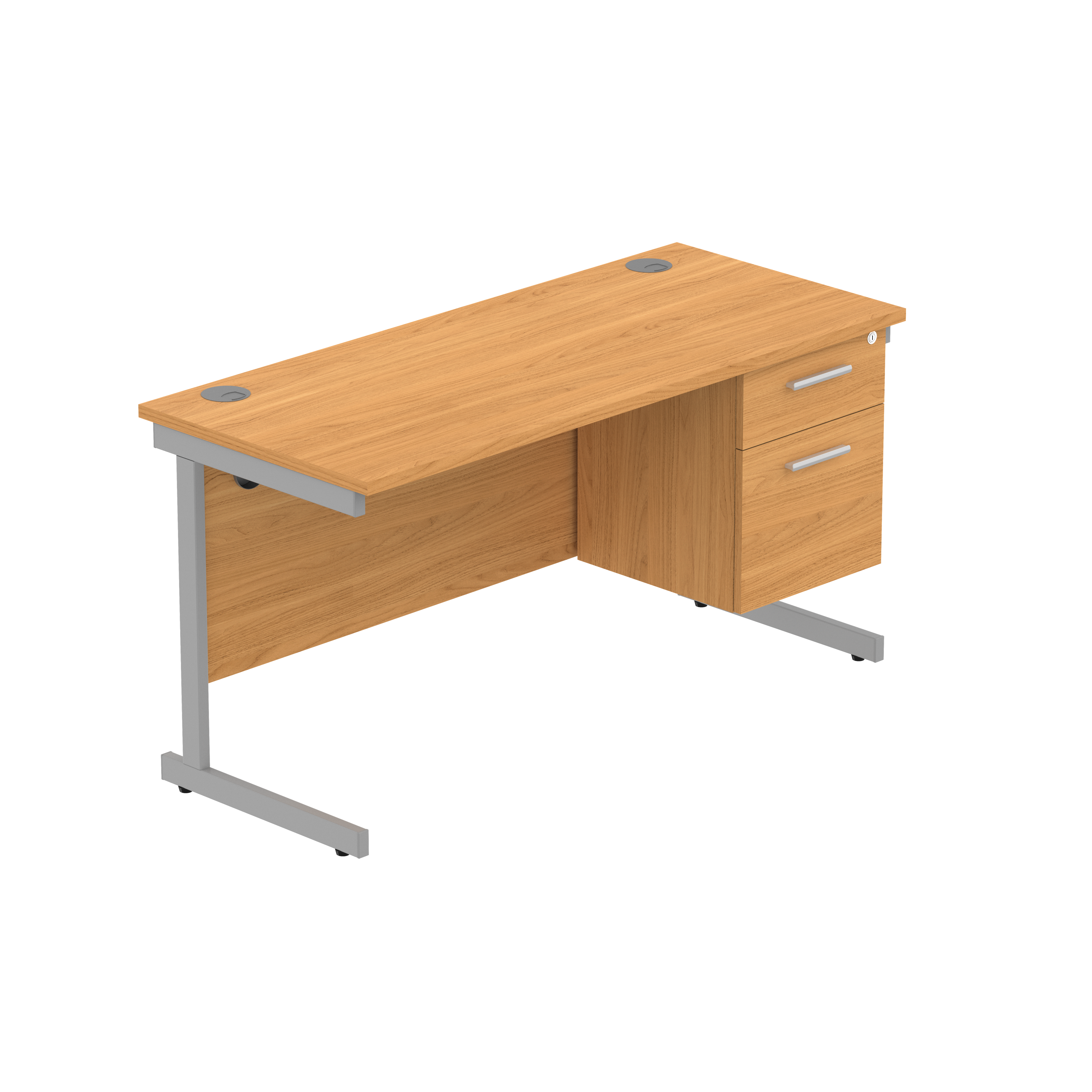 Office Rectangular Desk with Steel Single Upright Cantilever Legs + 2 Drawer Fixed Pedestal (FSC) | 1400X600 | Norwegian Beech/Silver