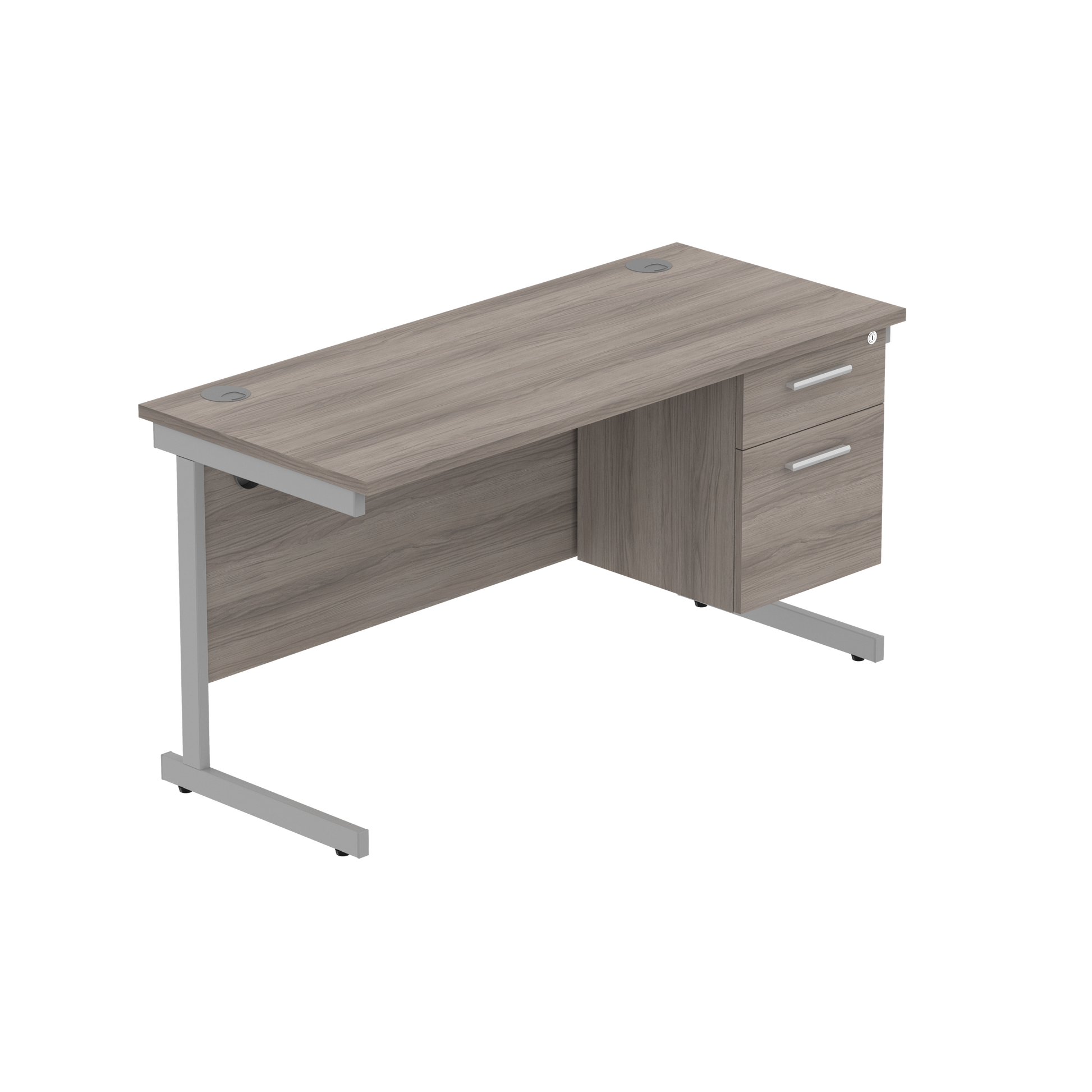 Office Rectangular Desk with Steel Single Upright Cantilever Legs + 2 Drawer Fixed Pedestal (FSC) | 1400X600 | Alaskan Grey Oak/Silver