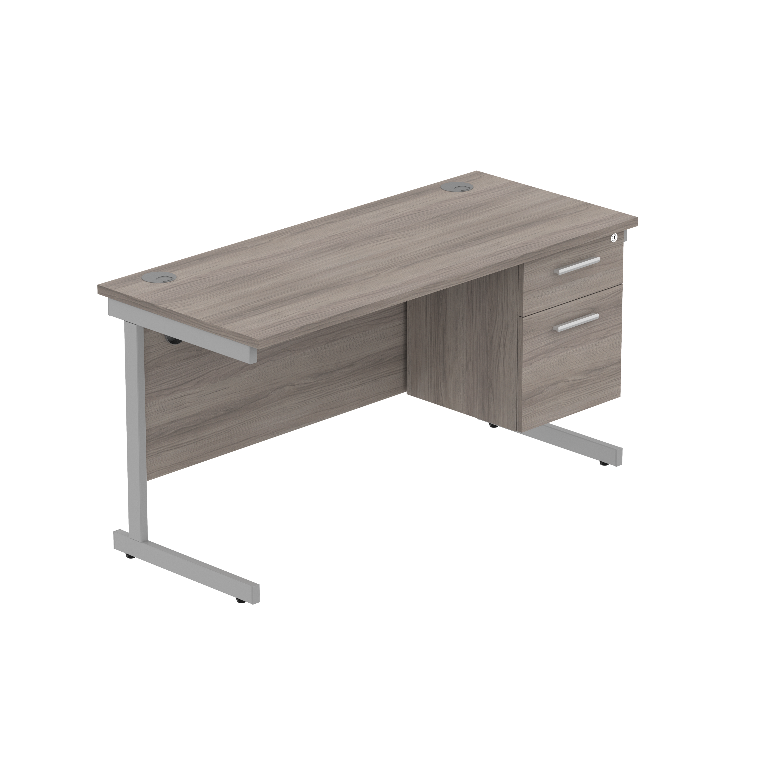Office Rectangular Desk with Steel Single Upright Cantilever Legs + 2 Drawer Fixed Pedestal (FSC) | 1400X600 | Alaskan Grey Oak/Silver