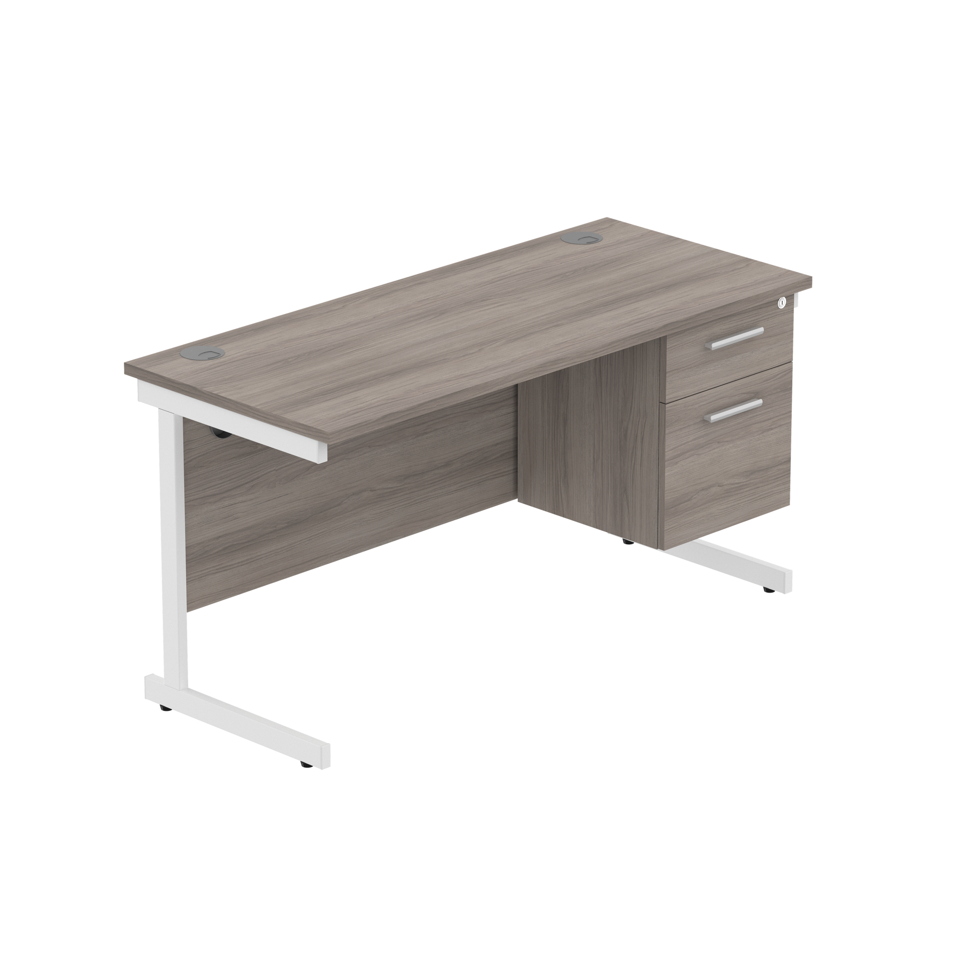 Office Rectangular Desk with Steel Single Upright Cantilever Legs + 2 Drawer Fixed Pedestal (FSC) | 1400X600 | Alaskan Grey Oak/White