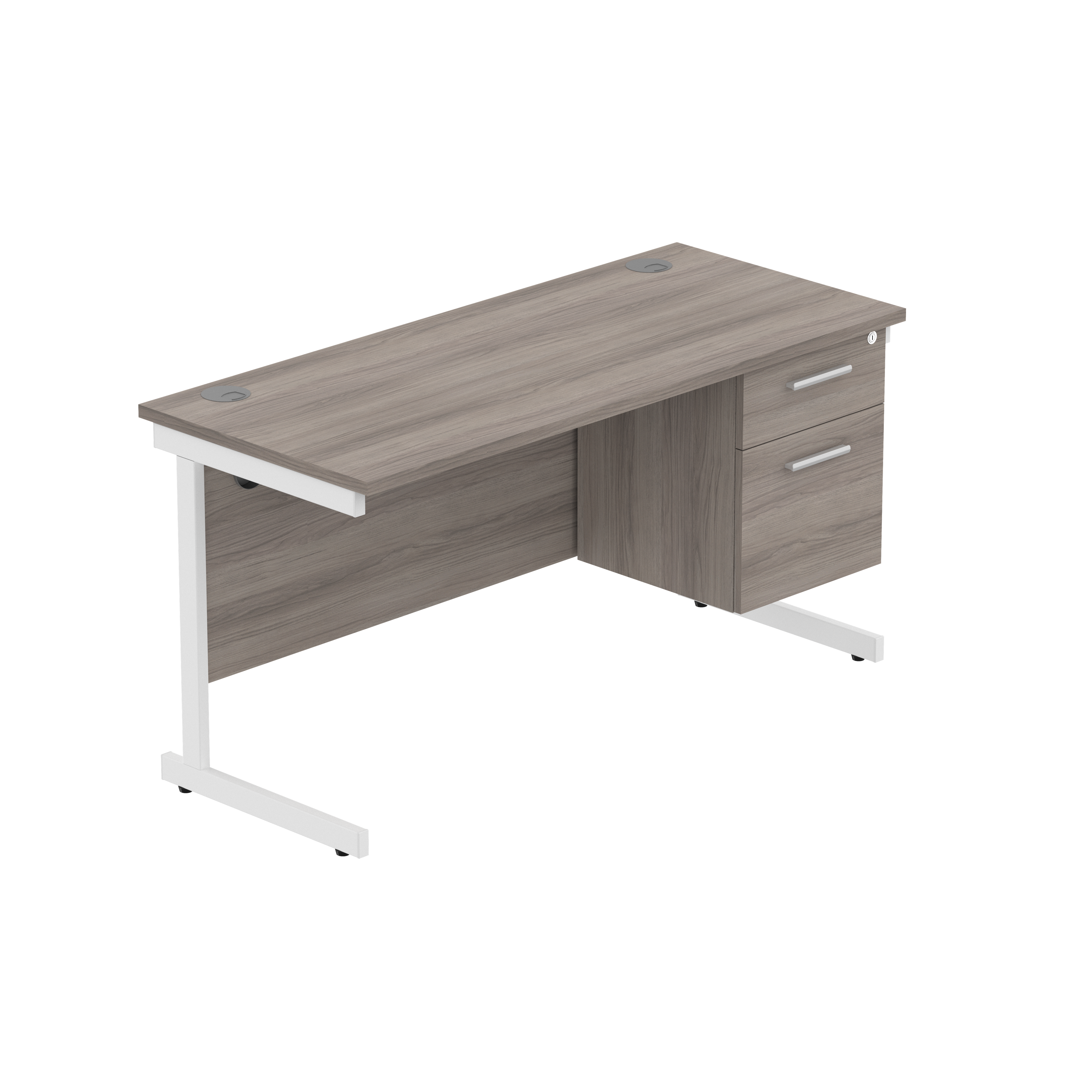 Office Rectangular Desk with Steel Single Upright Cantilever Legs + 2 Drawer Fixed Pedestal (FSC) | 1400X600 | Alaskan Grey Oak/White