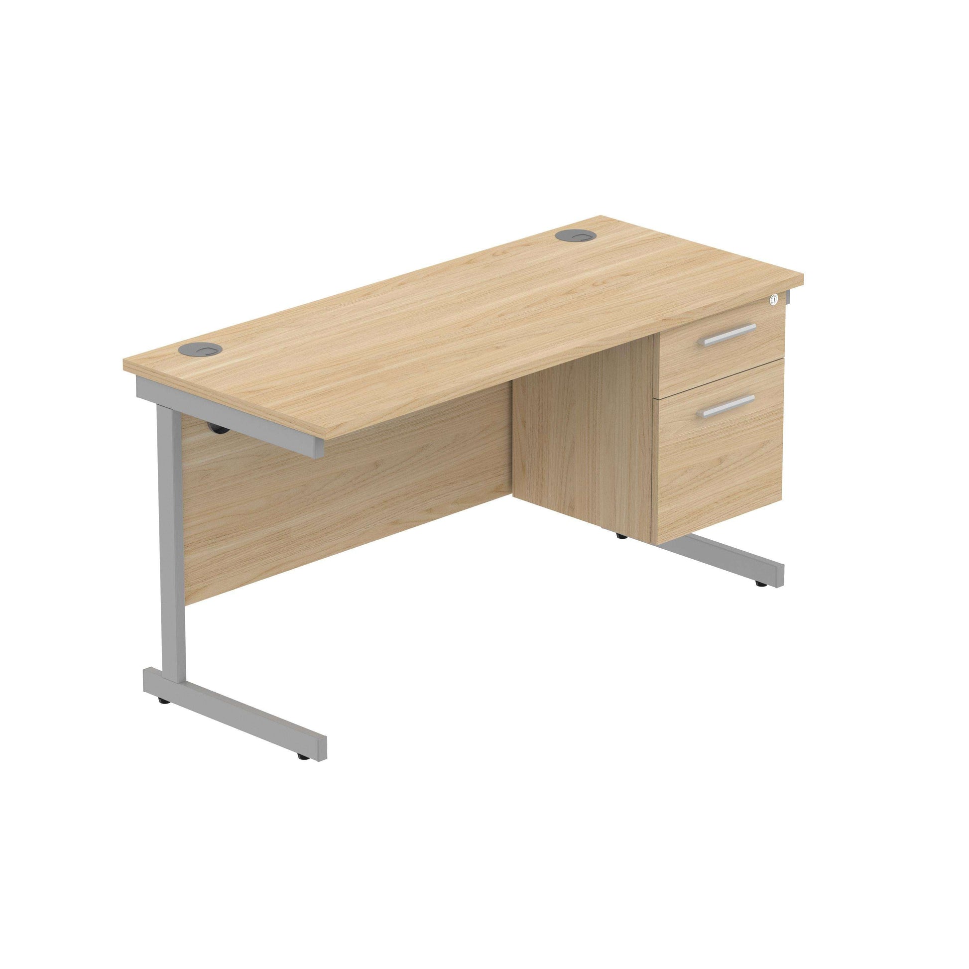 Office Rectangular Desk with Steel Single Upright Cantilever Legs + 2 Drawer Fixed Pedestal (FSC) | 1400X600 | Canadian Oak/Silver