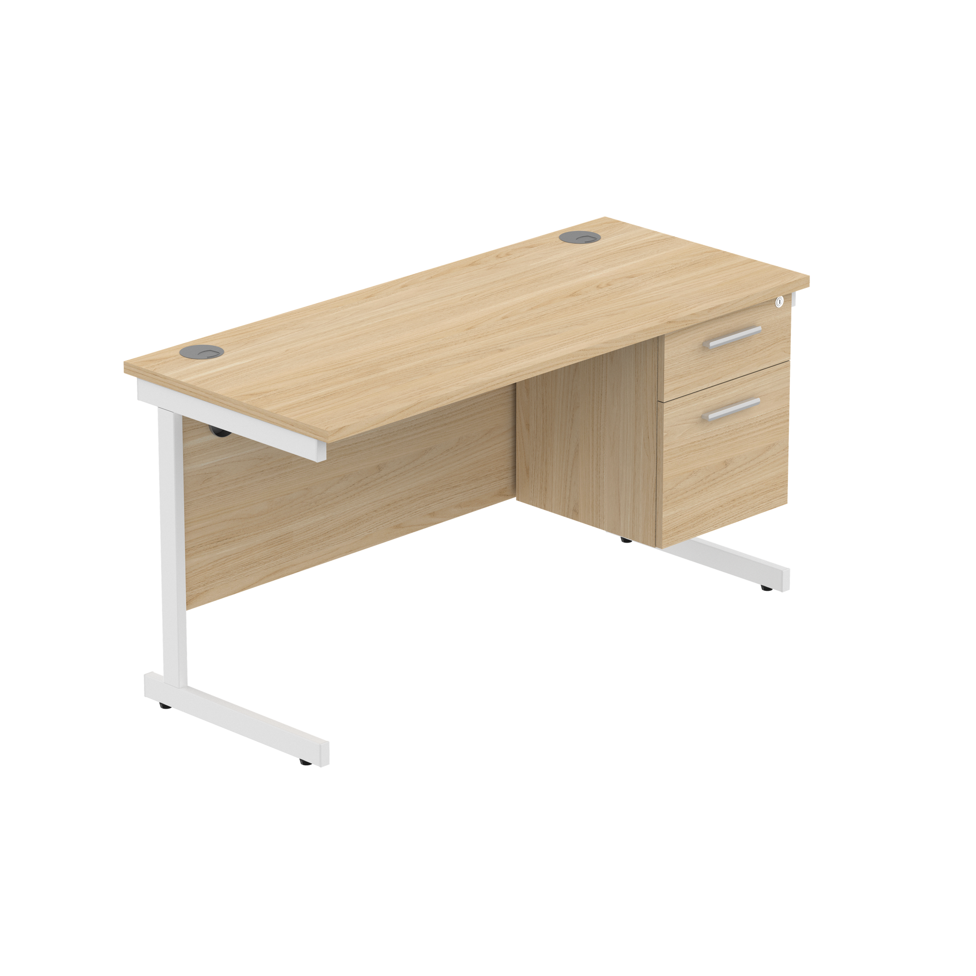 Office Rectangular Desk with Steel Single Upright Cantilever Legs + 2 Drawer Fixed Pedestal (FSC) | 1400X600 | Canadian Oak/White