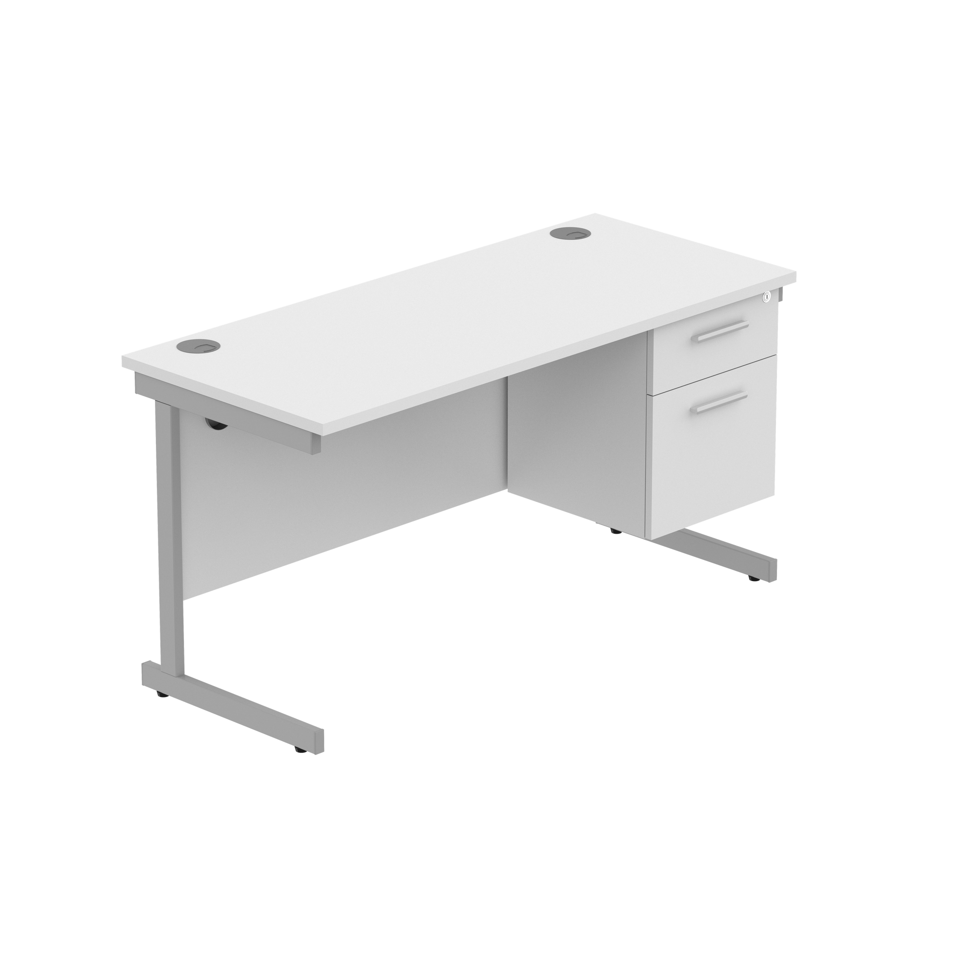 Office Rectangular Desk with Steel Single Upright Cantilever Legs + 2 Drawer Fixed Pedestal (FSC) | 1400X600 | Arctic White/Silver