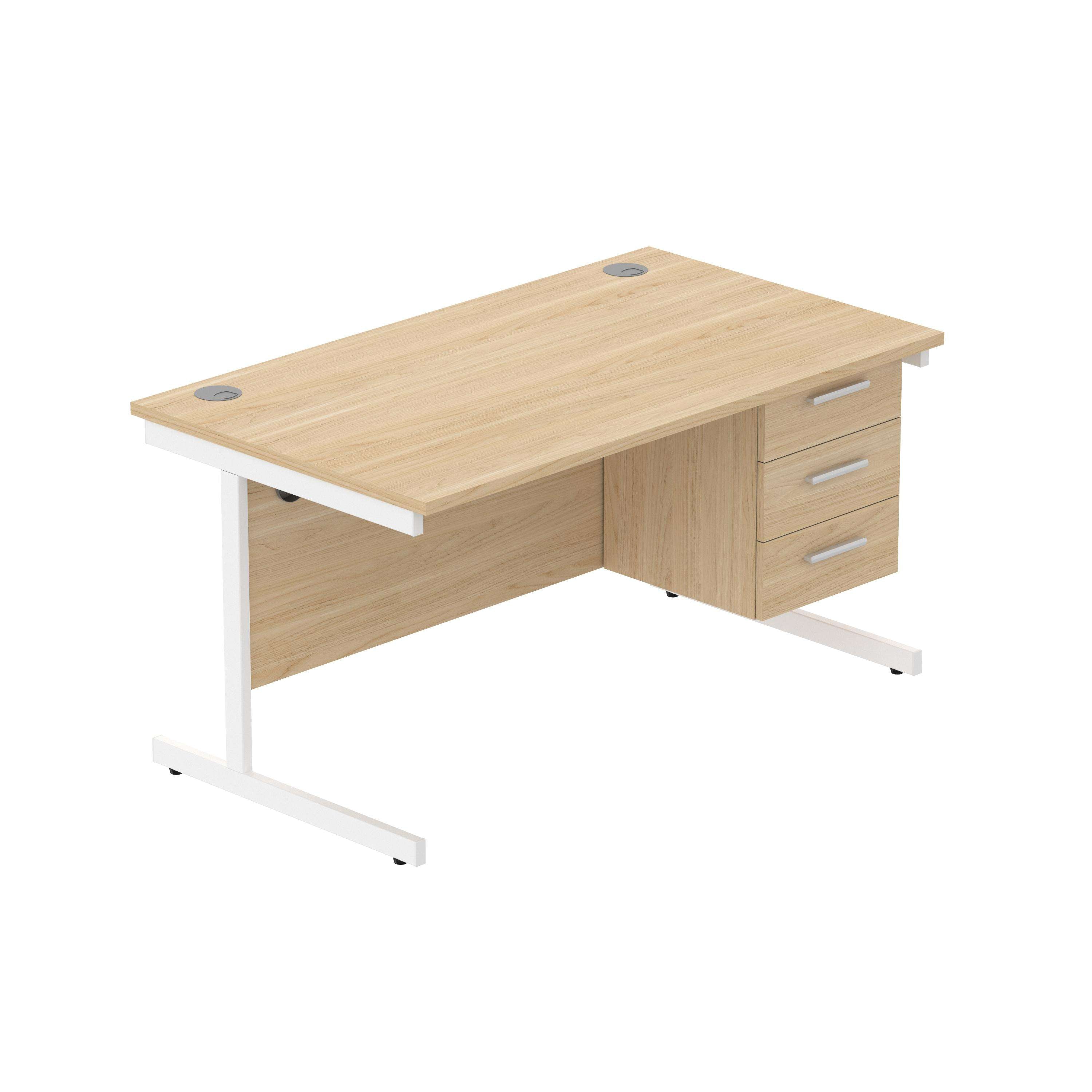 Office Rectangular Desk with Steel Single Upright Cantilever Legs + 3 Drawer Fixed Pedestal (FSC) | 1400X800 | Canadian Oak/White