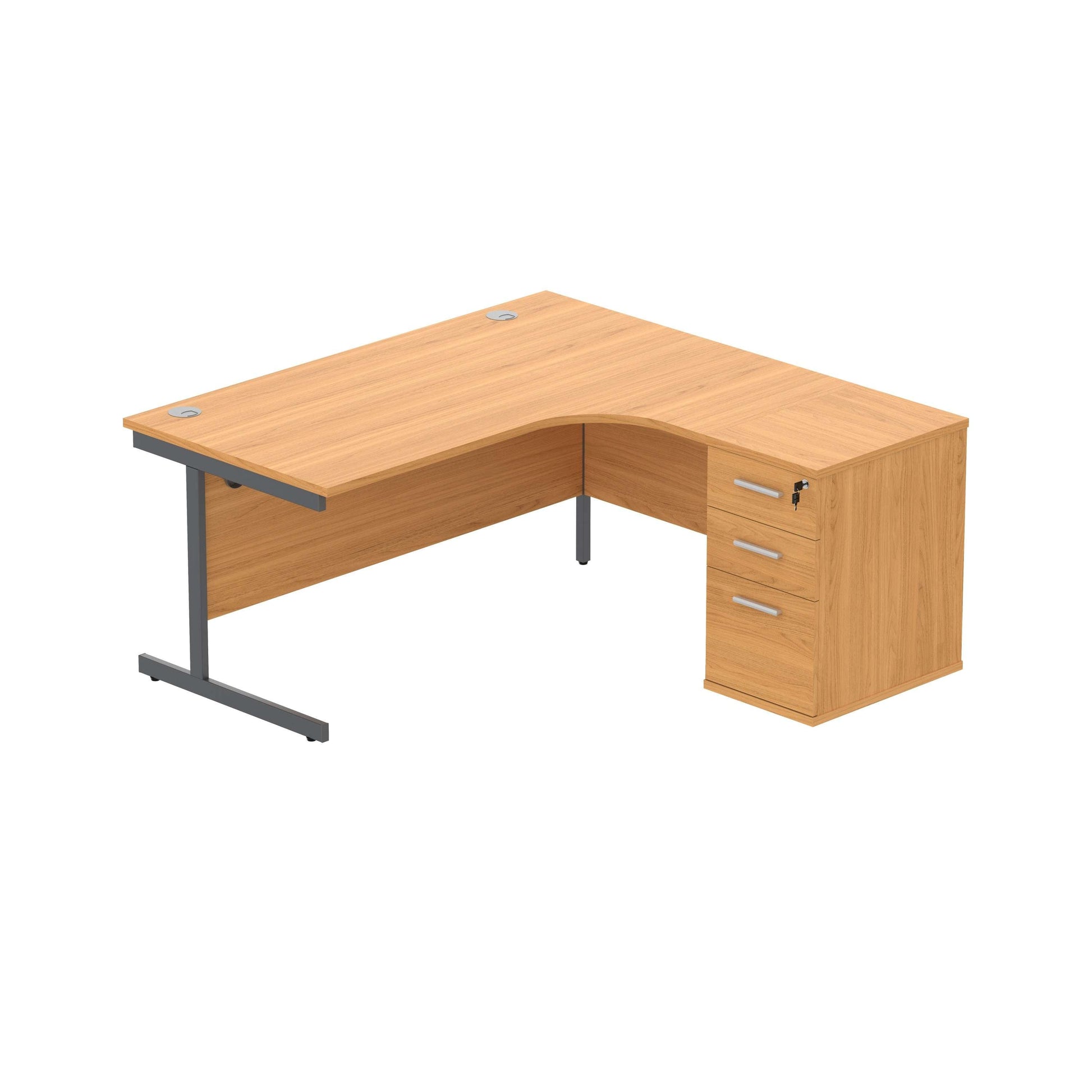 Single Upright Right Hand Radial Desk + Desk High Pedestal (FSC) | 600mm Deep Pedestal | 1600 X 1200 | Norwegian Beech/Graphite