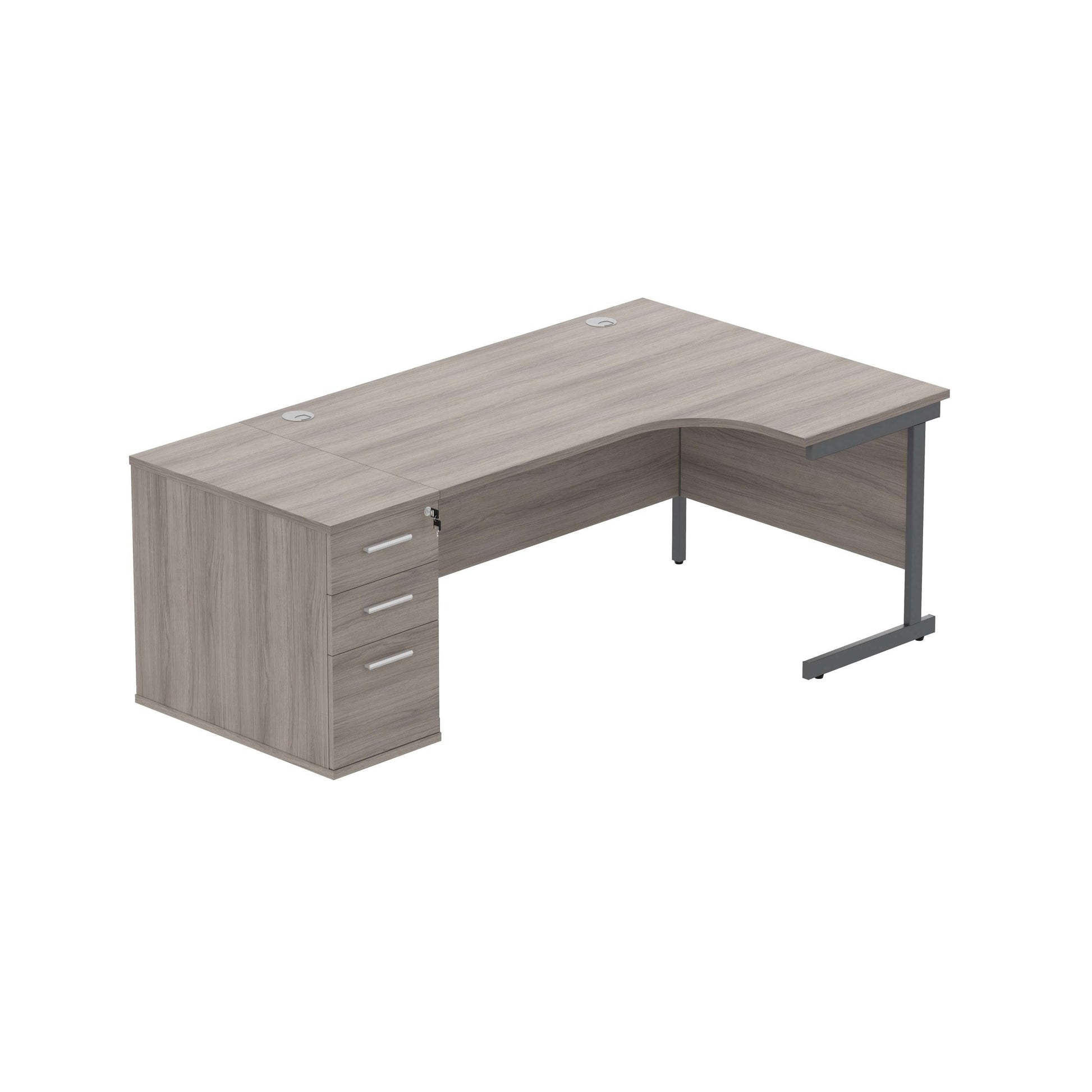 Single Upright Right Hand Radial Desk + Desk High Pedestal (FSC) | 600mm Deep Pedestal | 1600 X 1200 | Alaskan Grey Oak/Graphite
