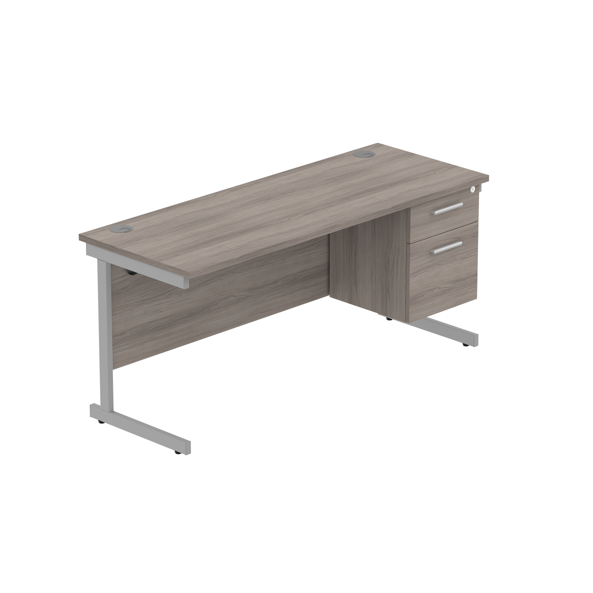 Office Rectangular Desk with Steel Single Upright Cantilever Legs + 2 Drawer Fixed Pedestal (FSC) | 1600X600 | Alaskan Grey Oak/Silver