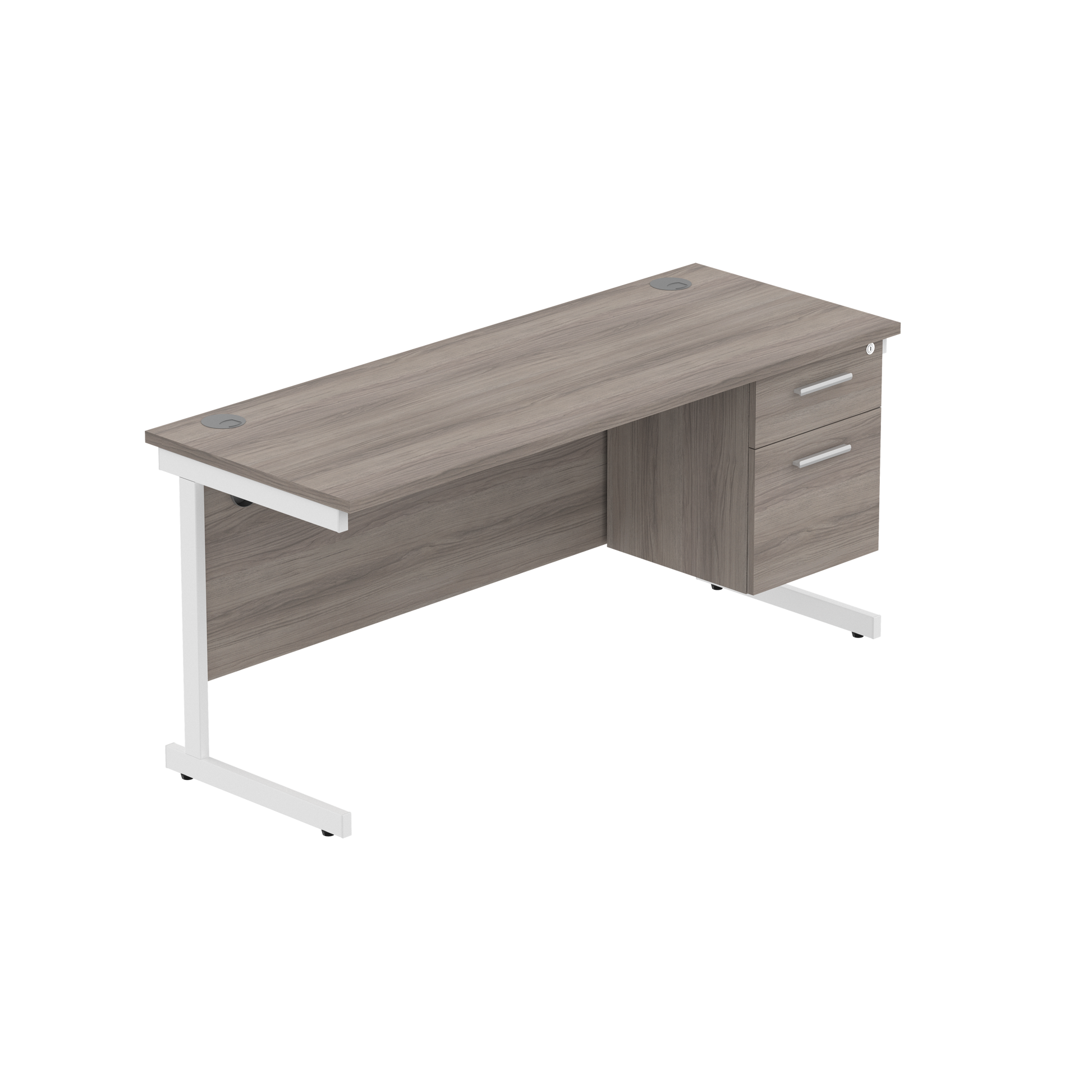 Office Rectangular Desk with Steel Single Upright Cantilever Legs + 2 Drawer Fixed Pedestal (FSC) | 1600X600 | Alaskan Grey Oak/White