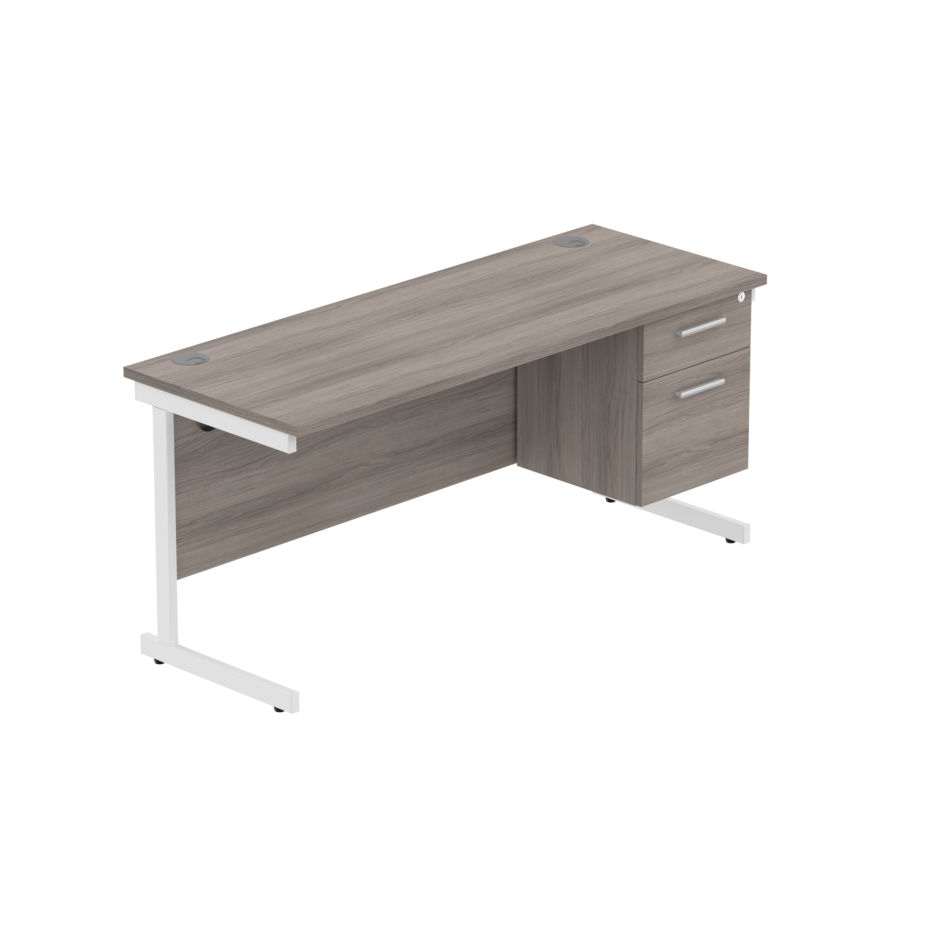 Office Rectangular Desk with Steel Single Upright Cantilever Legs + 2 Drawer Fixed Pedestal (FSC) | 1600X600 | Alaskan Grey Oak/White