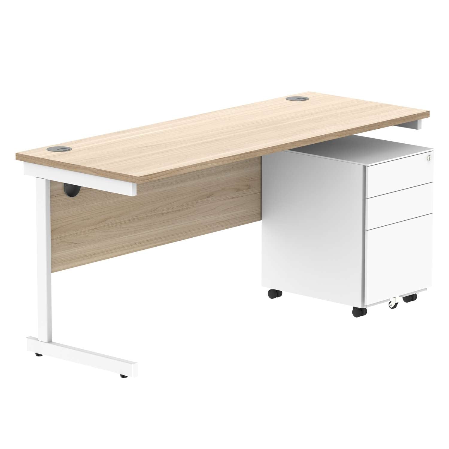 CORE Single Upright Rectangular Desk + Under Desk Steel Pedestal 3 Drawers (FSC) | 1600 X 600 | Canadian Oak/White