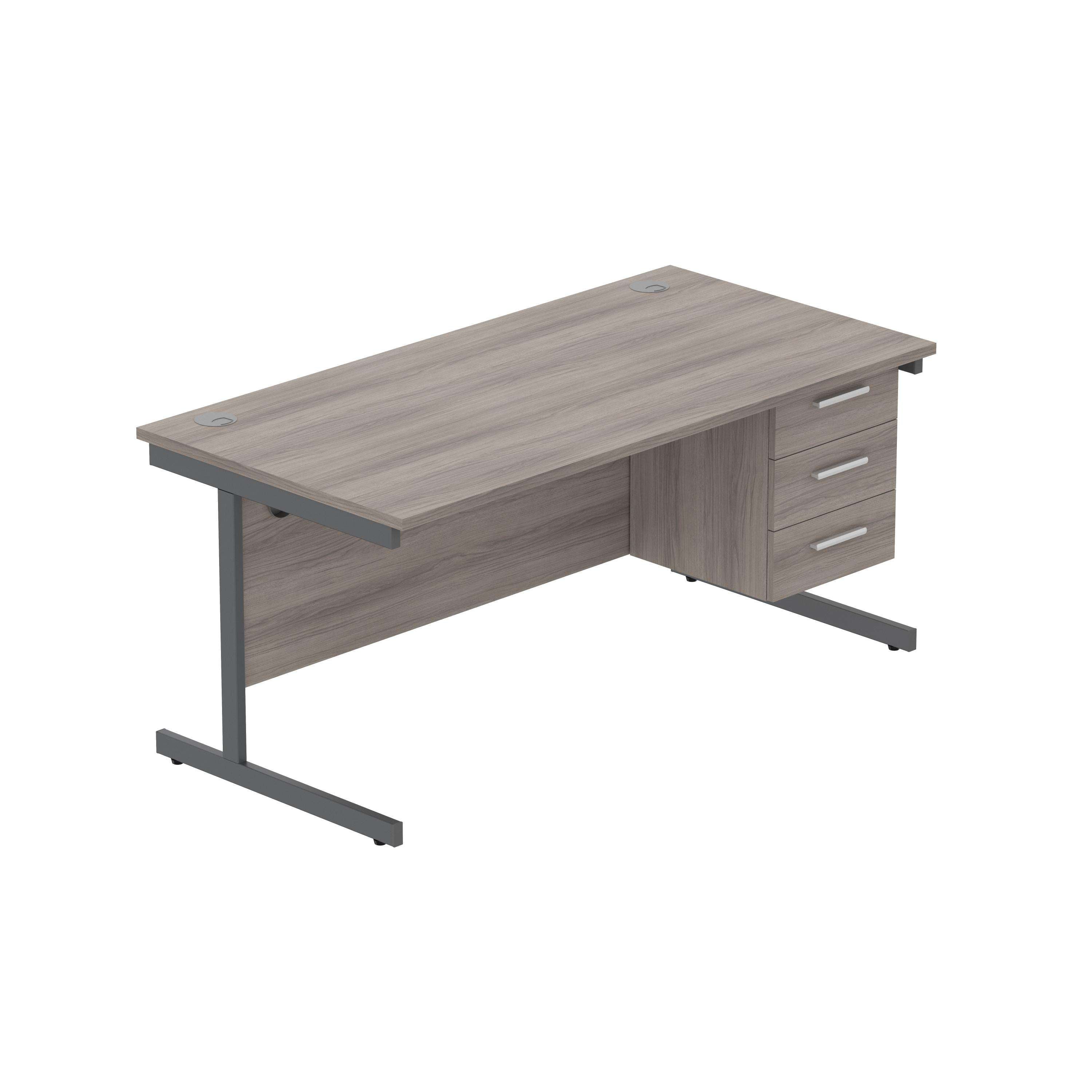 Office Rectangular Desk with Steel Single Upright Cantilever Legs + 3 Drawer Fixed Pedestal (FSC) | 1600X800 | Alaskan Grey Oak/Graphite