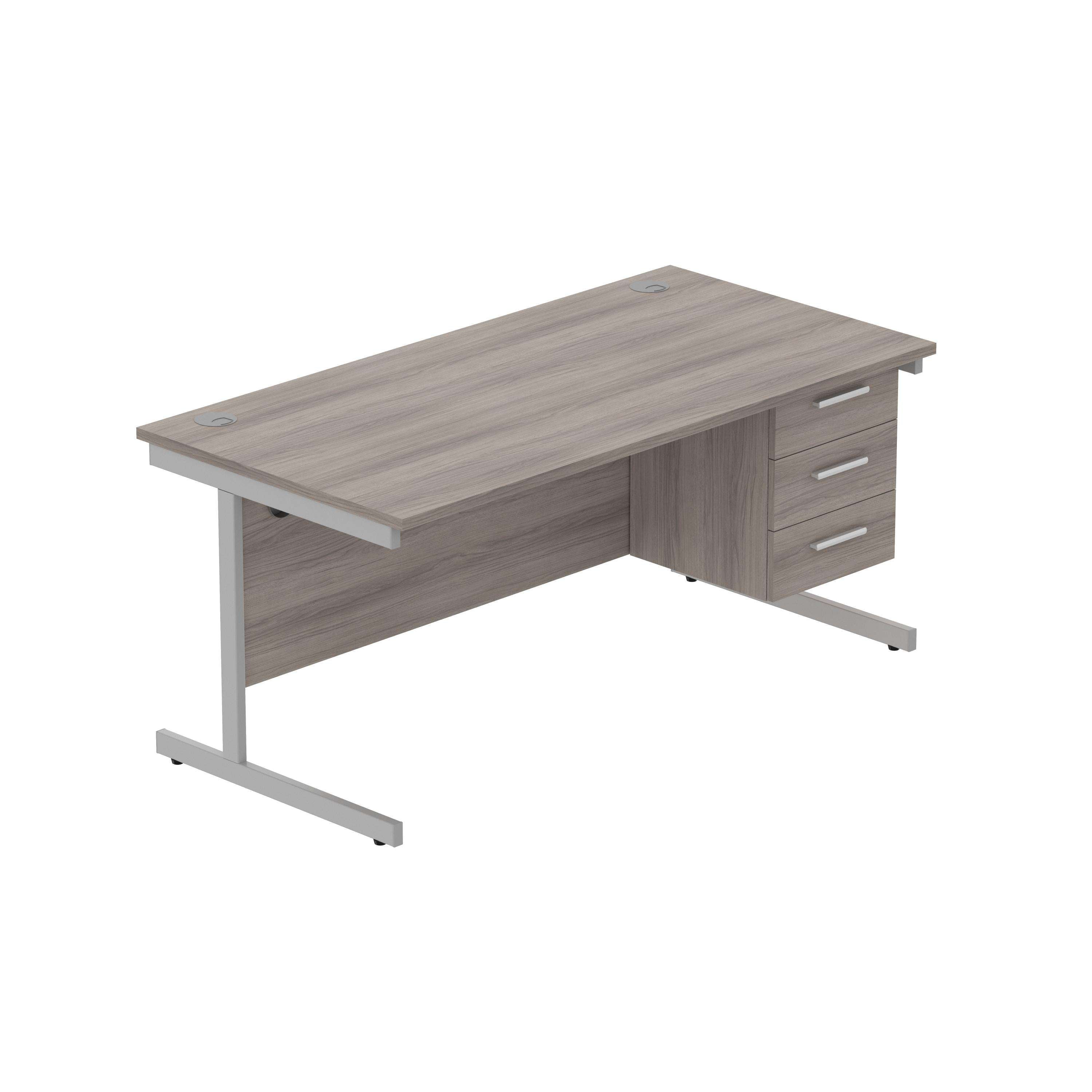 Office Rectangular Desk with Steel Single Upright Cantilever Legs + 3 Drawer Fixed Pedestal (FSC) | 1600X800 | Alaskan Grey Oak/Silver