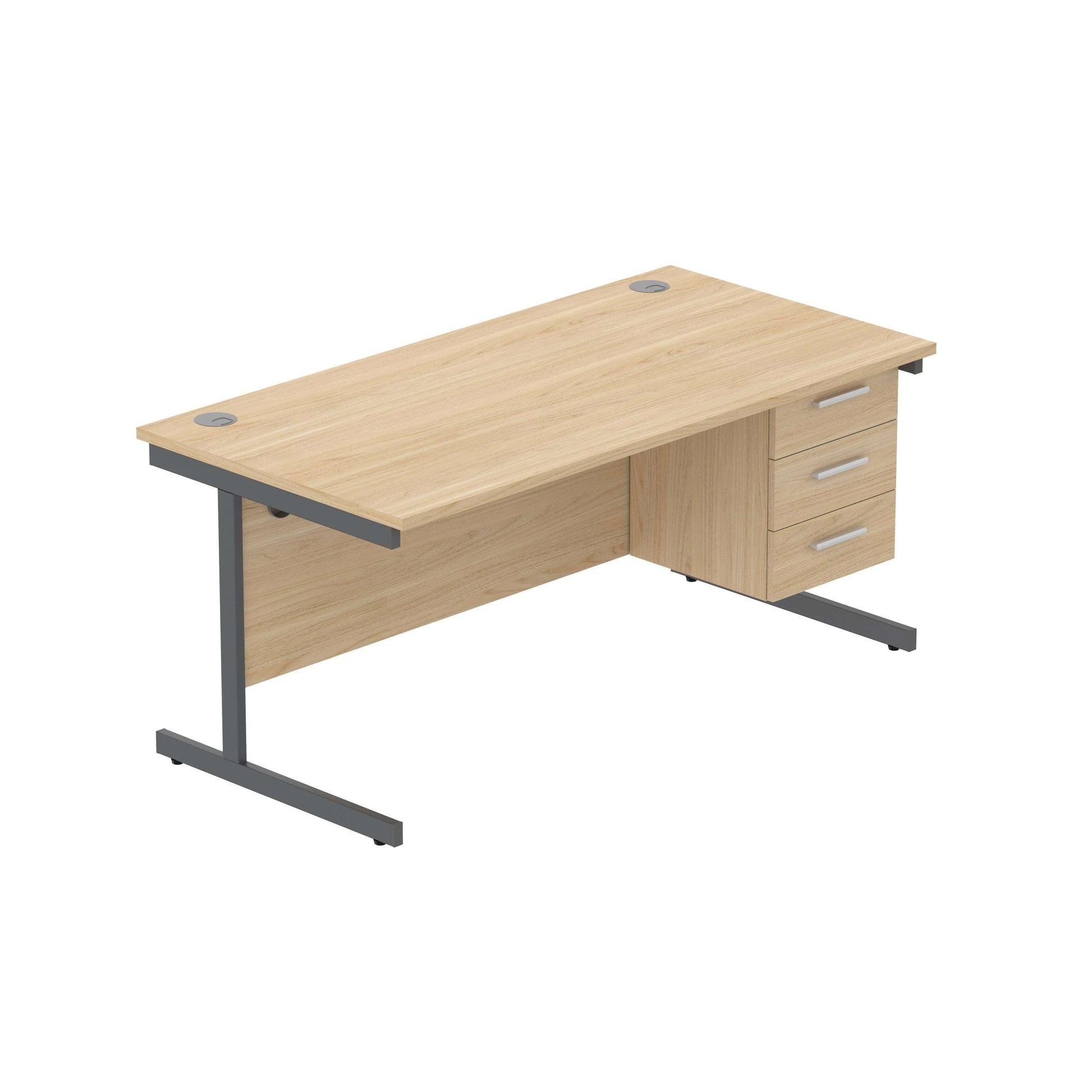 Office Rectangular Desk with Steel Single Upright Cantilever Legs + 3 Drawer Fixed Pedestal (FSC) | 1600X800 | Canadian Oak/Graphite