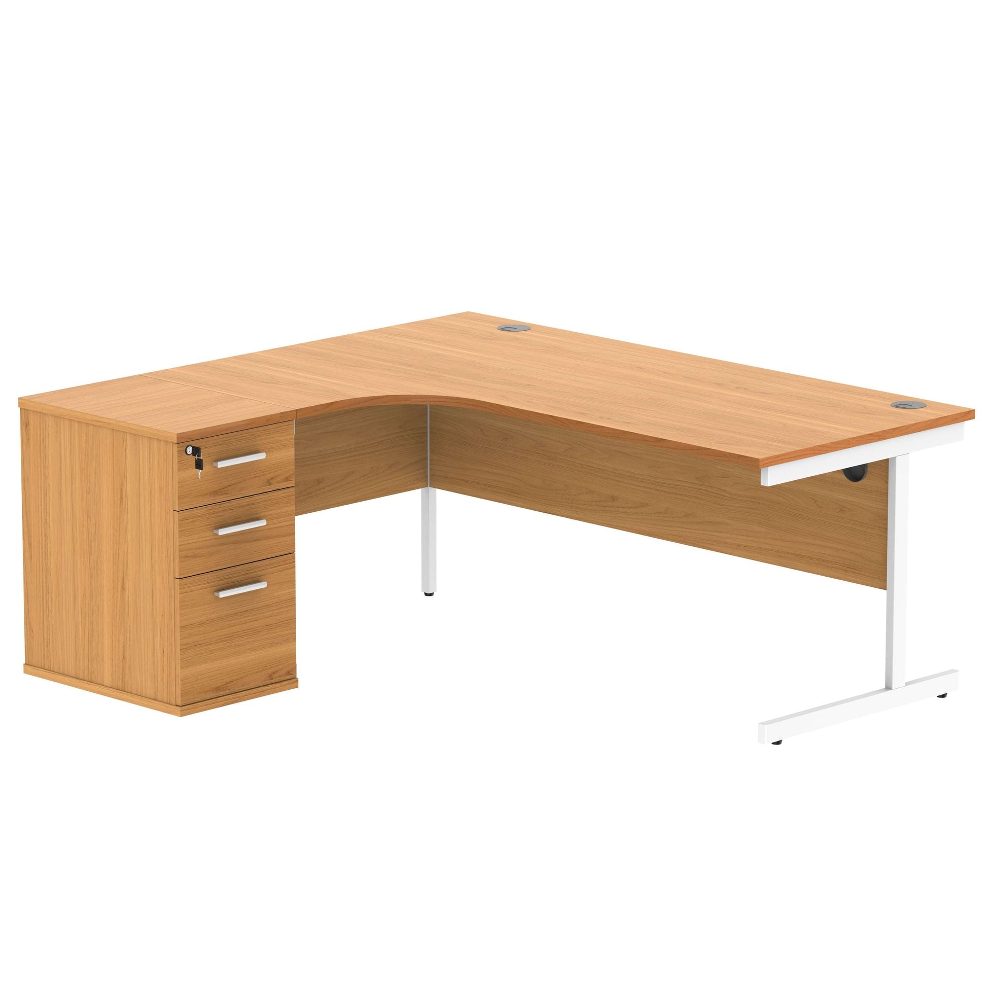 Single Upright Left Hand Radial Desk + Desk High Pedestal (FSC) | 600mm Deep Pedestal | 1800 X 1200 | Norwegian Beech/White