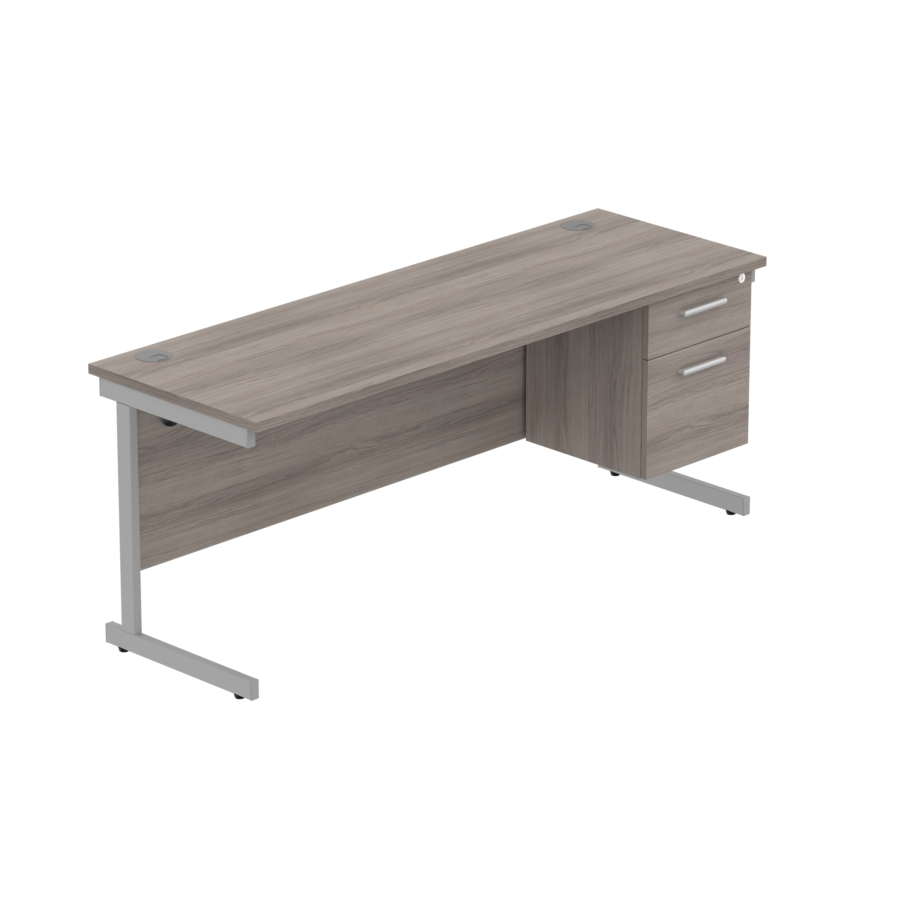 Office Rectangular Desk with Steel Single Upright Cantilever Legs + 2 Drawer Fixed Pedestal (FSC) | 1800X600 | Alaskan Grey Oak/Silver