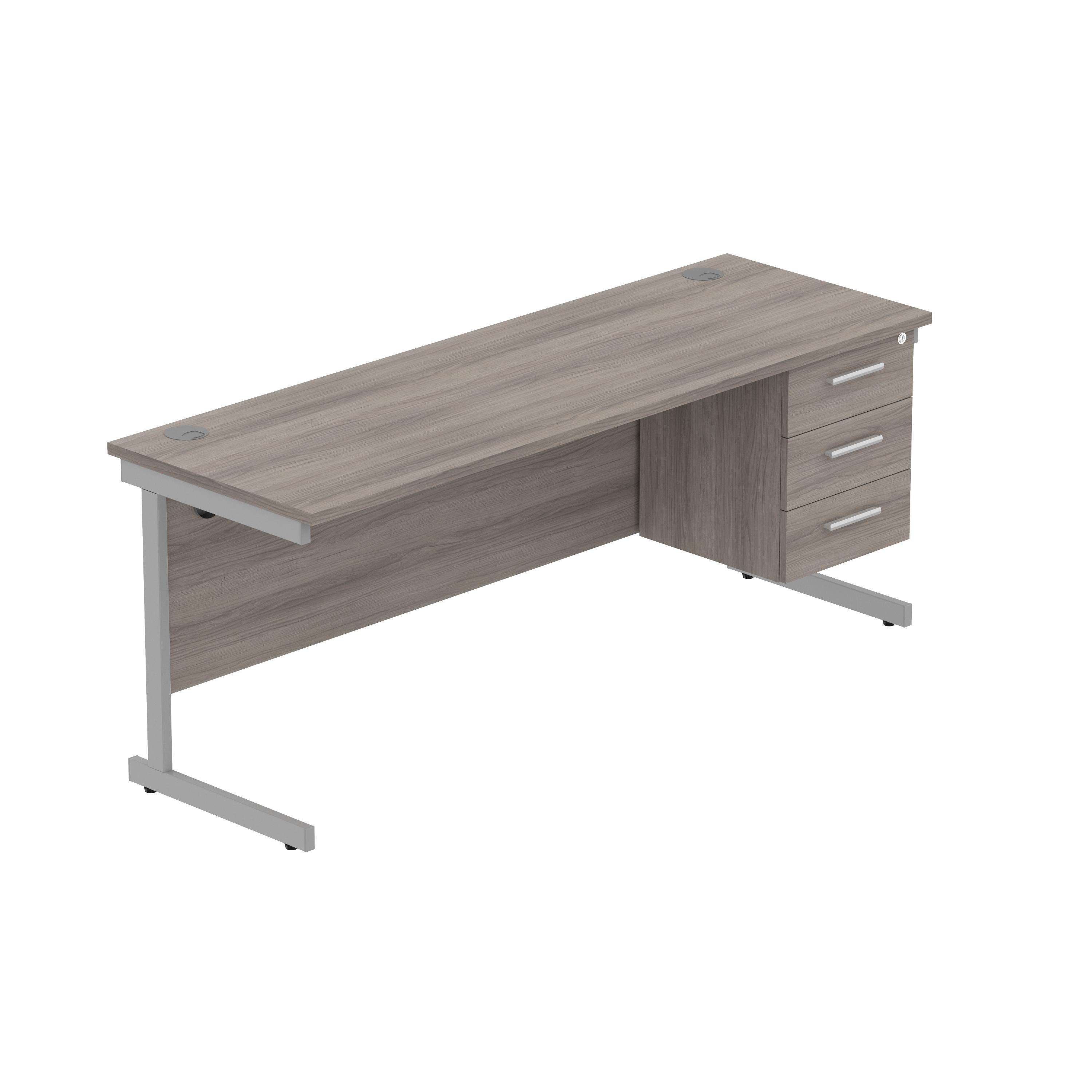 Office Rectangular Desk with Steel Single Upright Cantilever Legs + 3 Drawer Fixed Pedestal (FSC) | 1800X600 | Alaskan Grey Oak/Silver