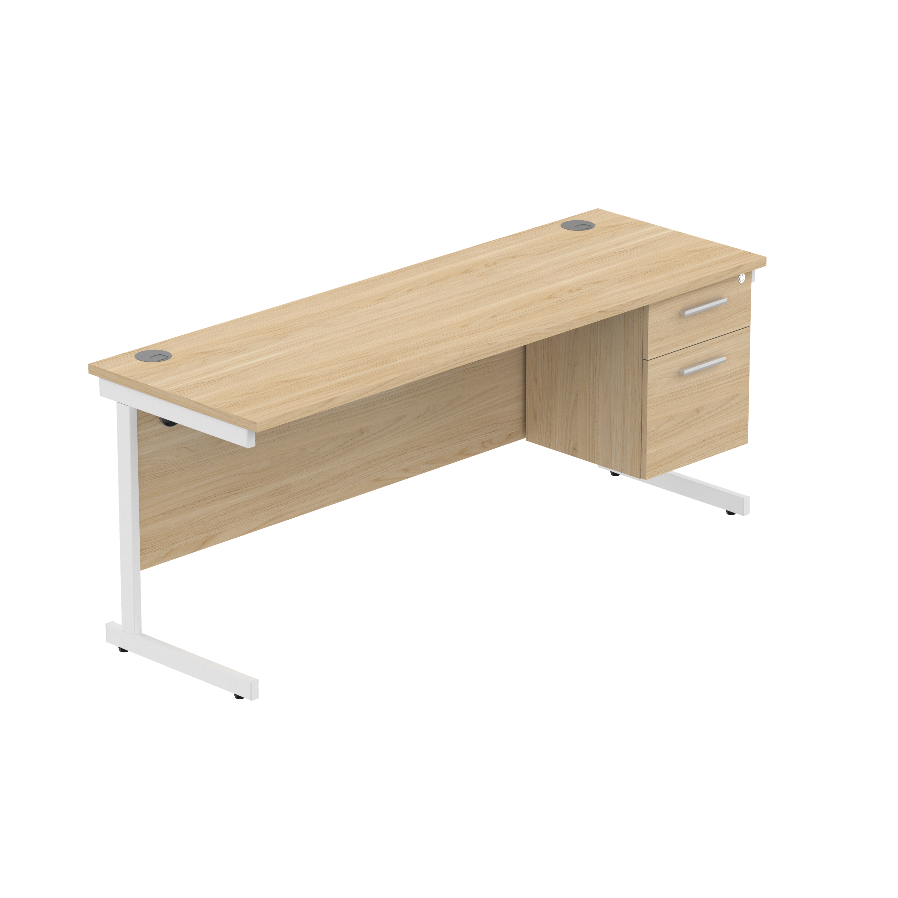 Office Rectangular Desk with Steel Single Upright Cantilever Legs + 2 Drawer Fixed Pedestal (FSC) | 1800X600 | Canadian Oak/White