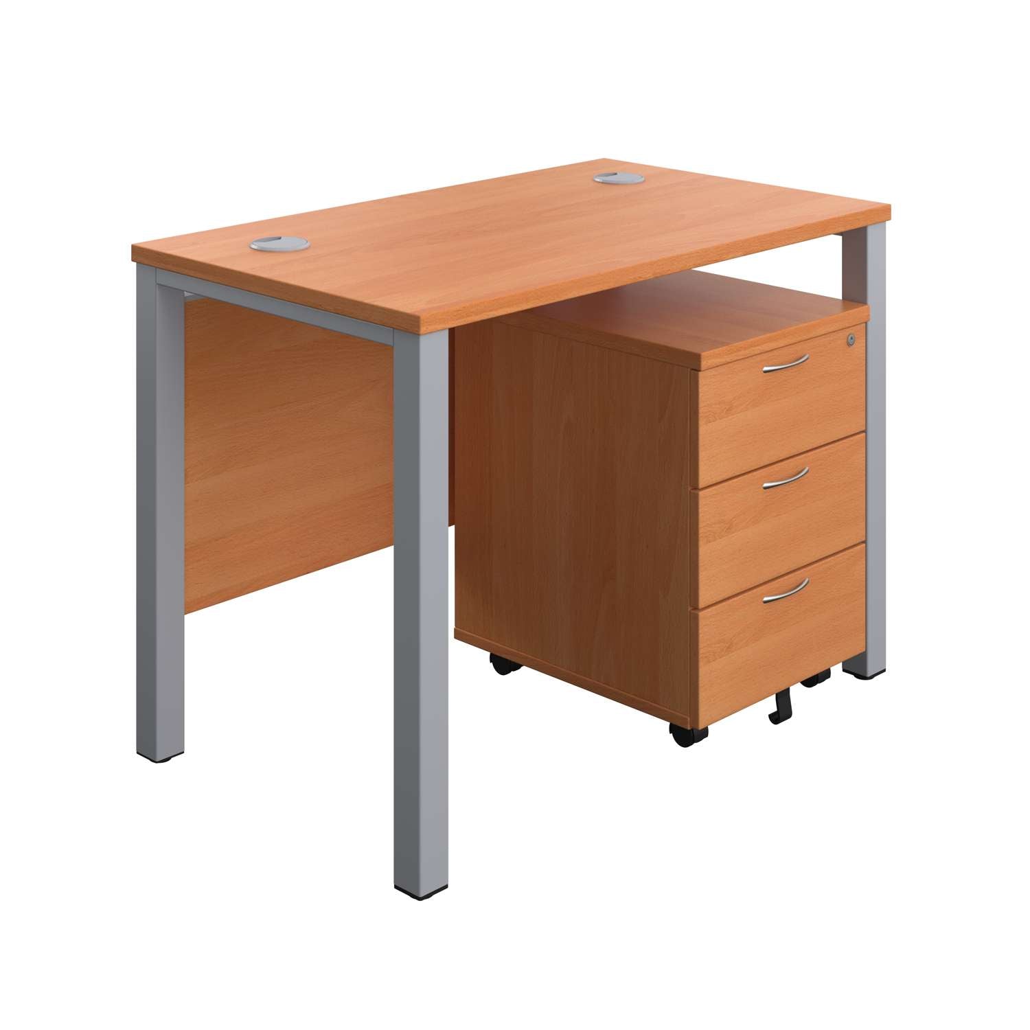 Goal Post Rectangular Desk + 3 Drawer Mobile Pedestal (FSC) | 1000x600 | Beech/Silver