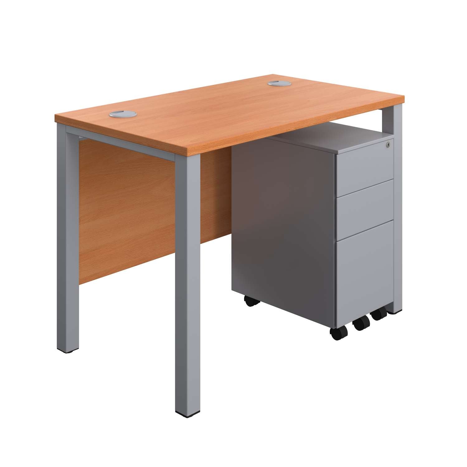 Goal Post Rectangular Desk + 3 Drawer Slimline Steel Pedestal (FSC) | 1000x600 | Beech/Silver