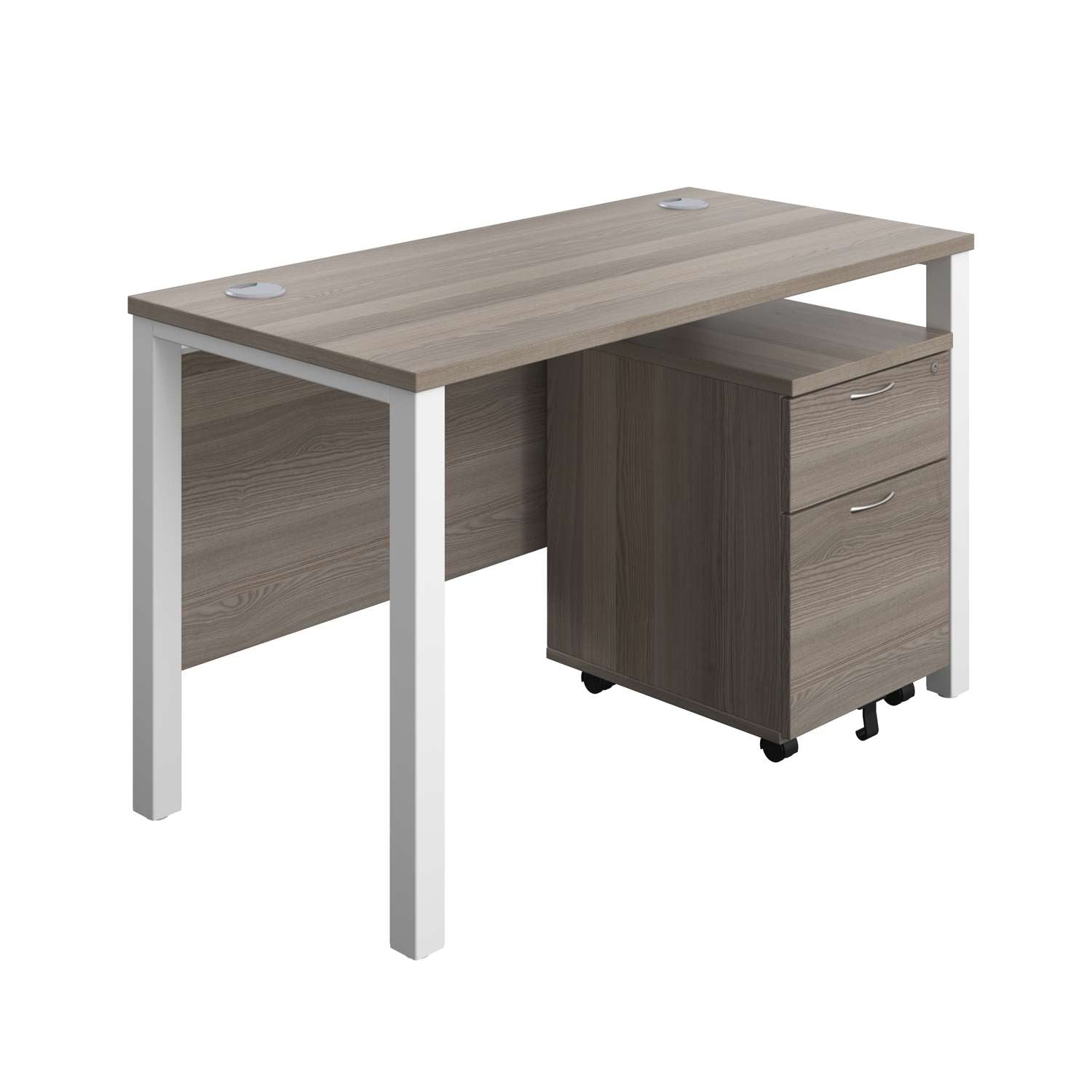 Goal Post Rectangular Desk + 2 Drawer Mobile Pedestal (FSC) | 1200x600 | Grey oak/White