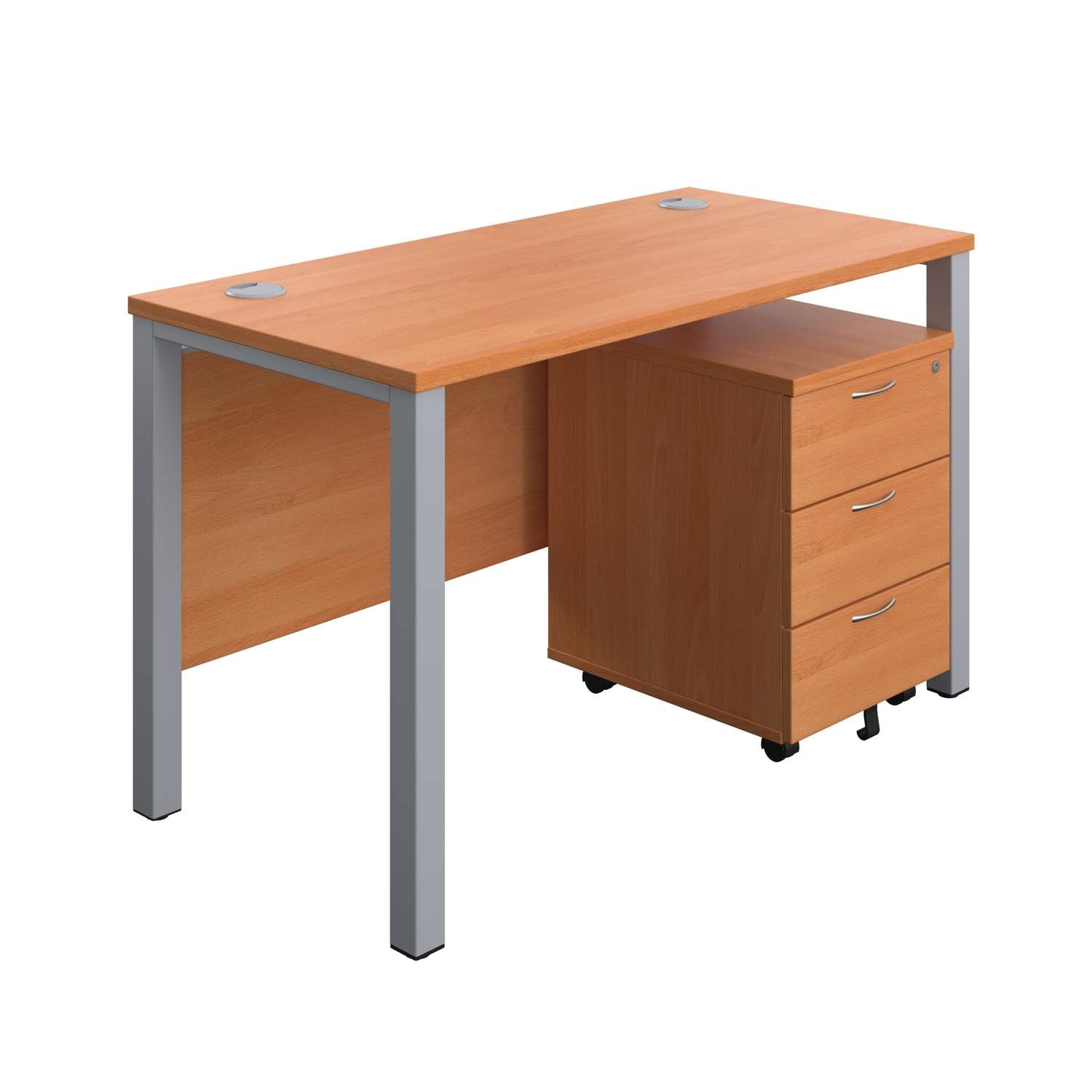 Goal Post Rectangular Desk + 3 Drawer Mobile Pedestal (FSC) | 1200x600 | Beech/Silver