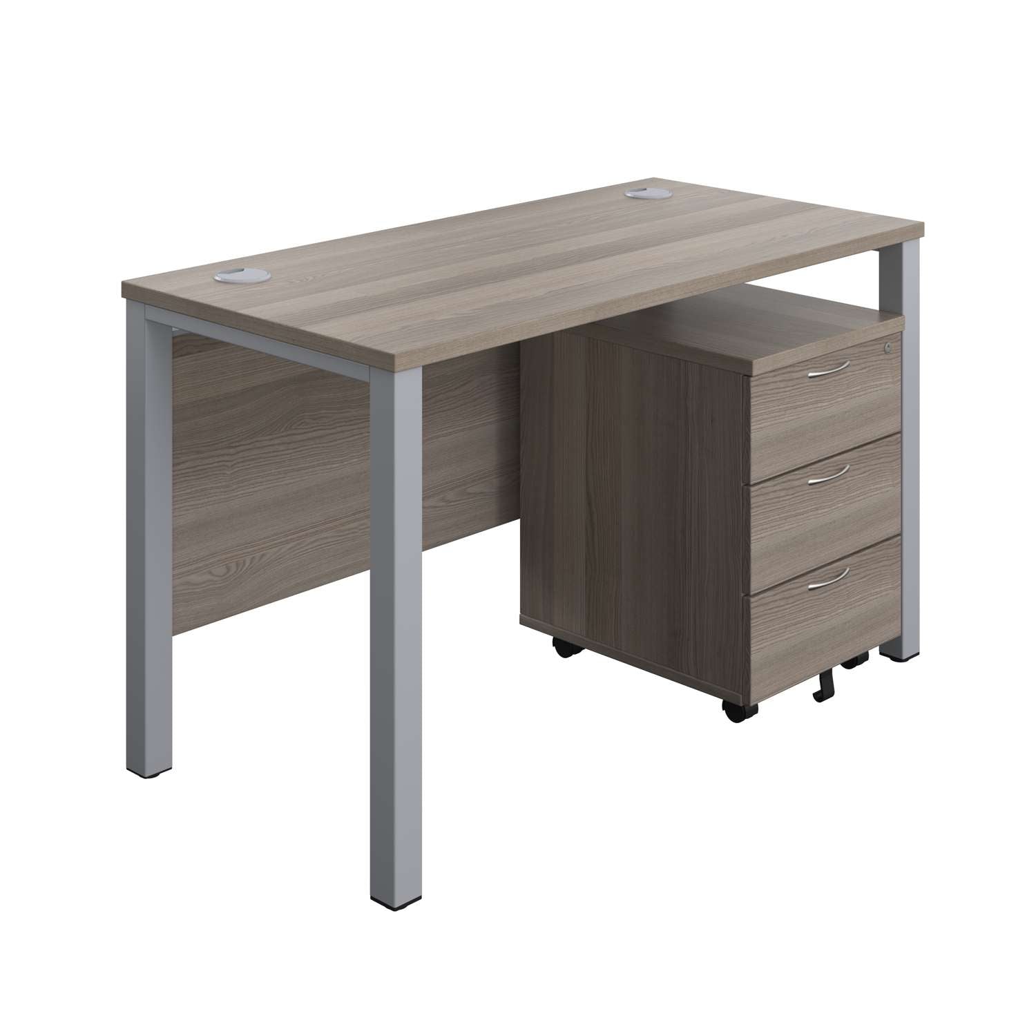 Goal Post Rectangular Desk + 3 Drawer Mobile Pedestal (FSC) | 1200x600 | Grey oak/Silver