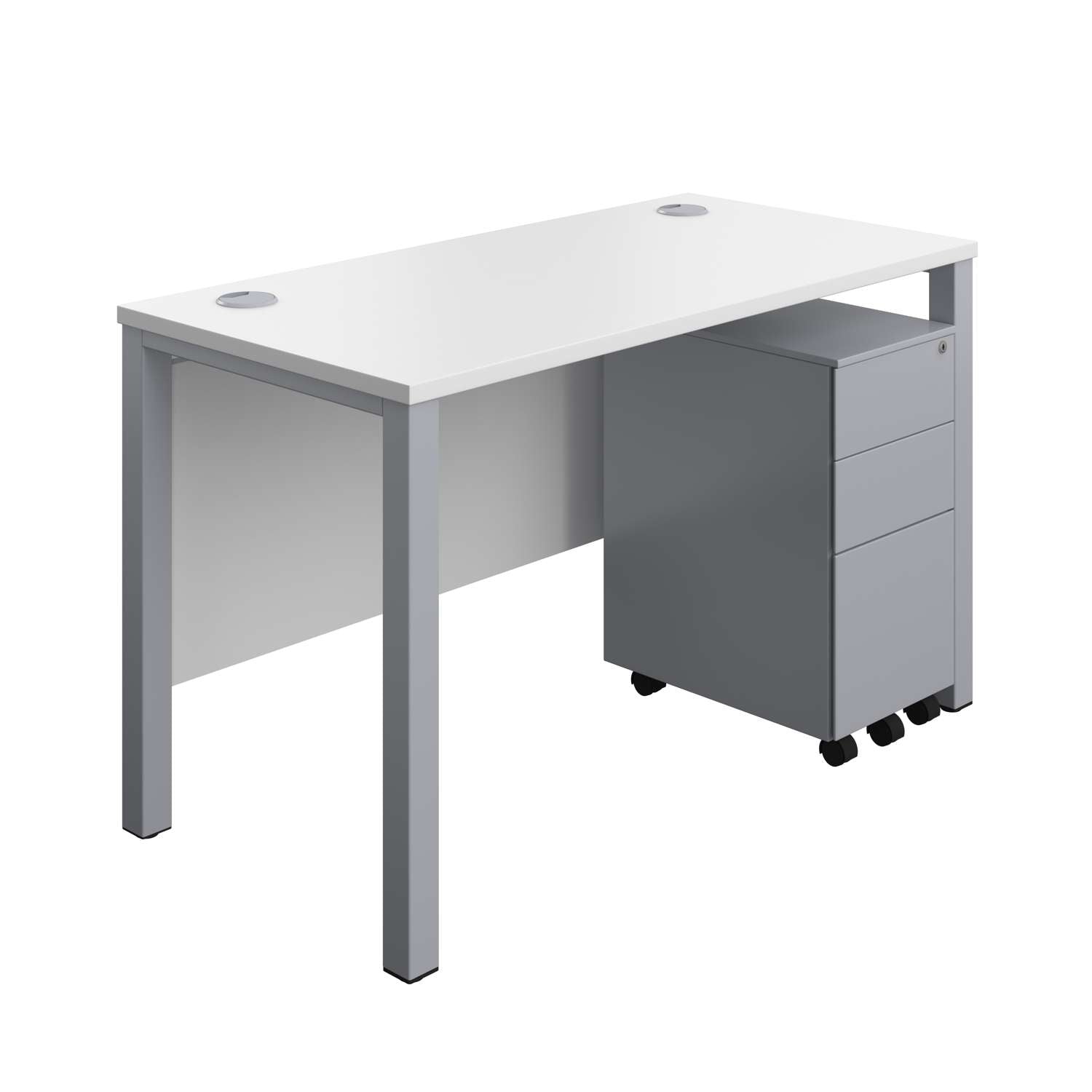 Goal Post Rectangular Desk + 3 Drawer Slimline Steel Pedestal (FSC) | 1200x600 | White/Silver