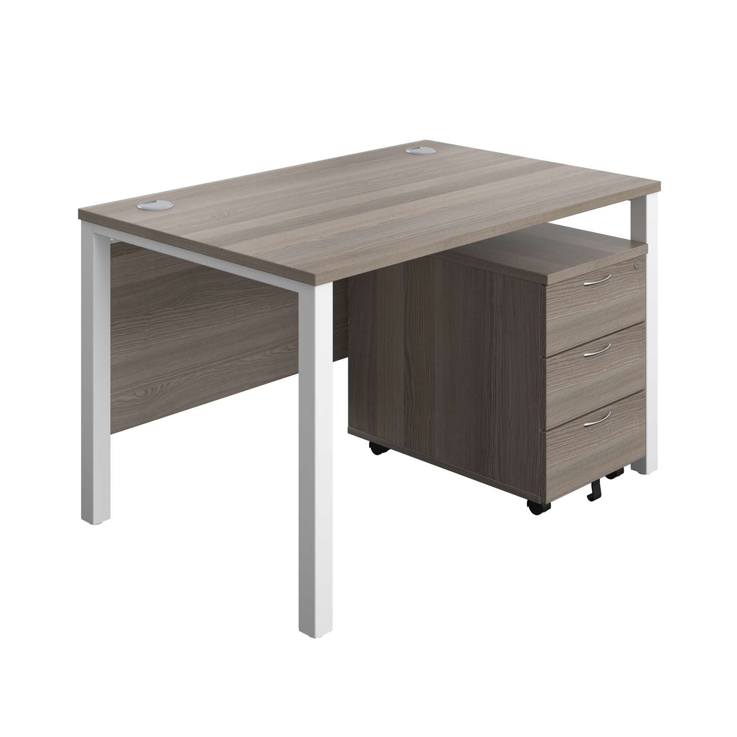 Goal Post Rectangular Desk + 3 Drawer Mobile Pedestal (FSC) | 1200x800 | Grey oak/White