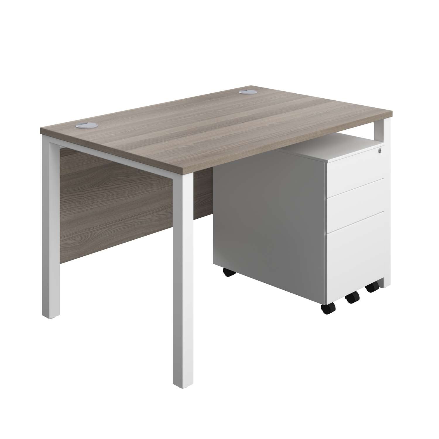 Goal Post Rectangular Desk + 3 Drawer Steel Pedestal (FSC) | 1200x800 | Grey oak/White