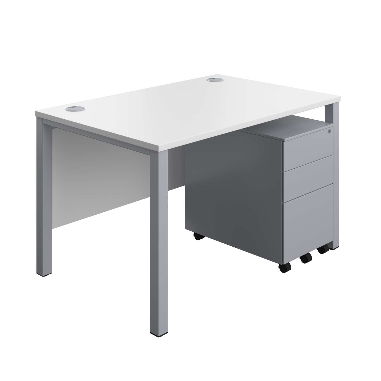 Goal Post Rectangular Desk + 3 Drawer Steel Pedestal (FSC) | 1200x800 | White/Silver