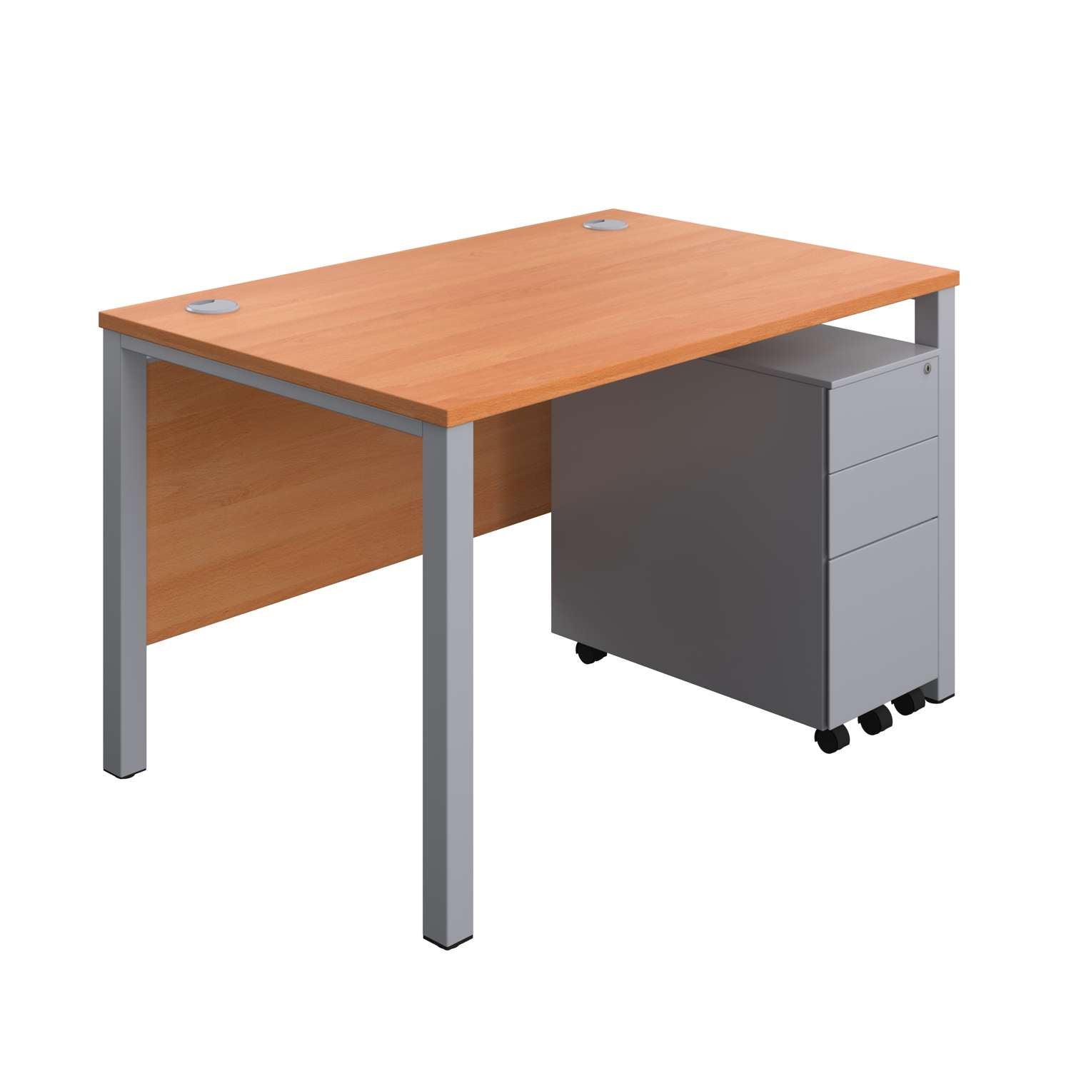 Goal Post Rectangular Desk + 3 Drawer Slimline Steel Pedestal (FSC) | 1200x800 | Beech/Silver