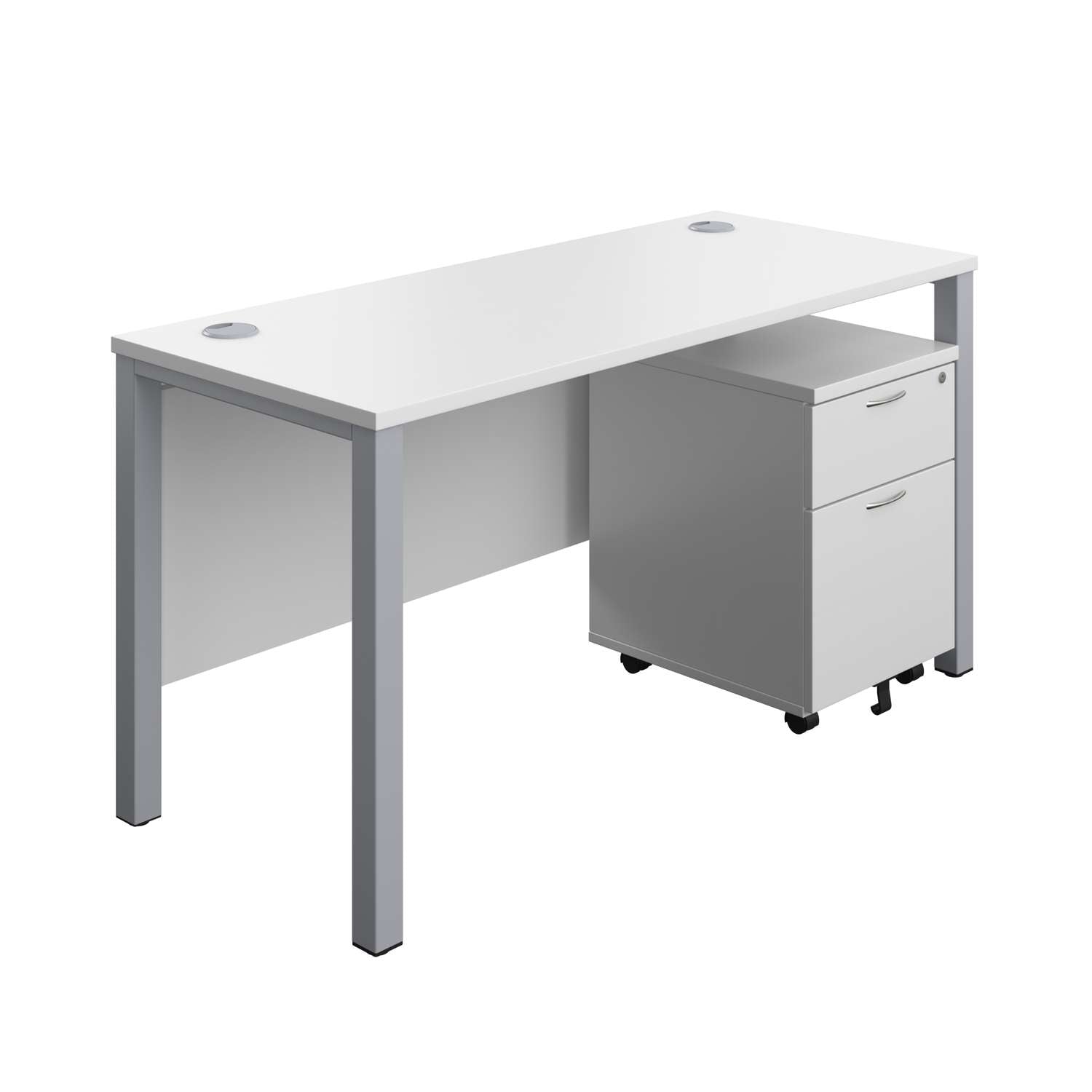 Goal Post Rectangular Desk + 2 Drawer Mobile Pedestal (FSC) | 1400x600 | White/Silver