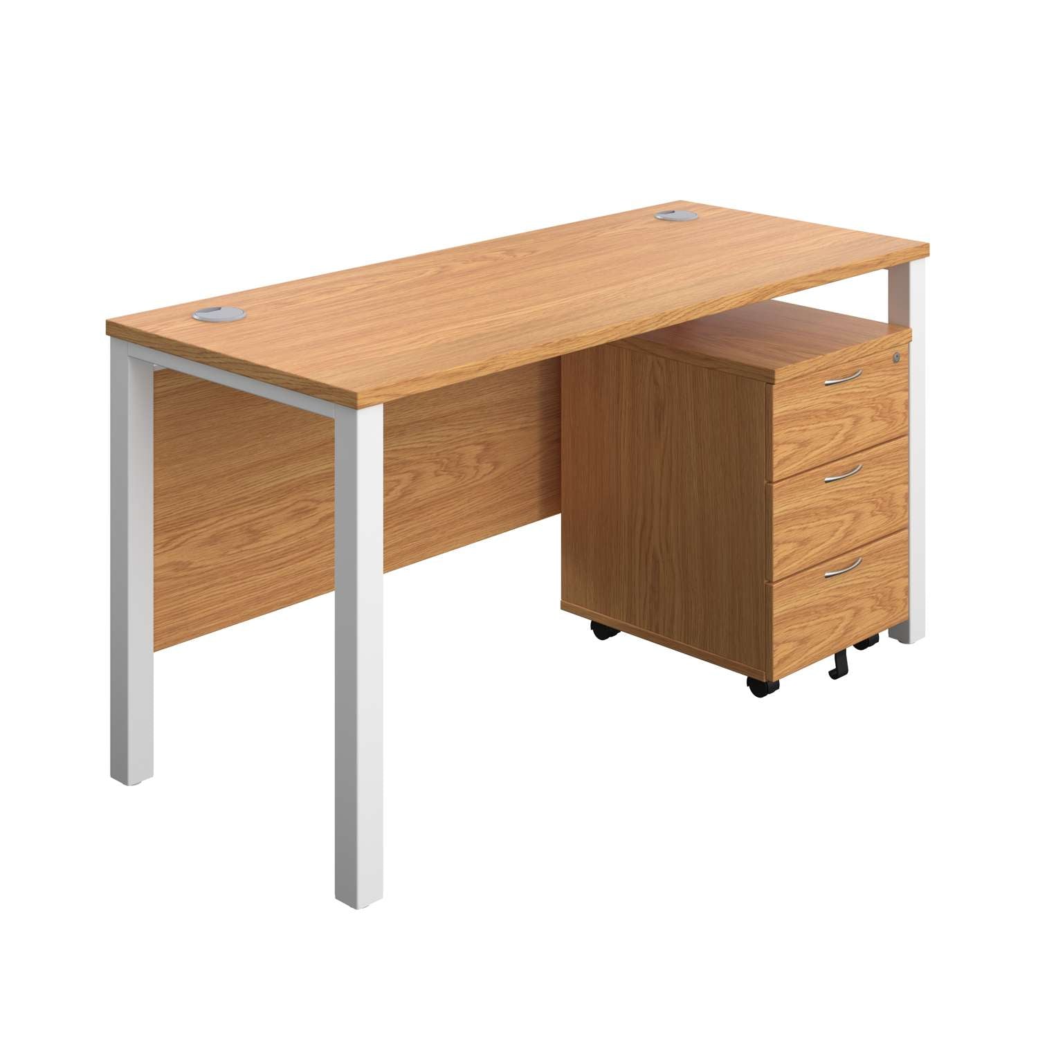 Goal Post Rectangular Desk + 3 Drawer Mobile Pedestal (FSC) | 1400x600 | Nova oak/White