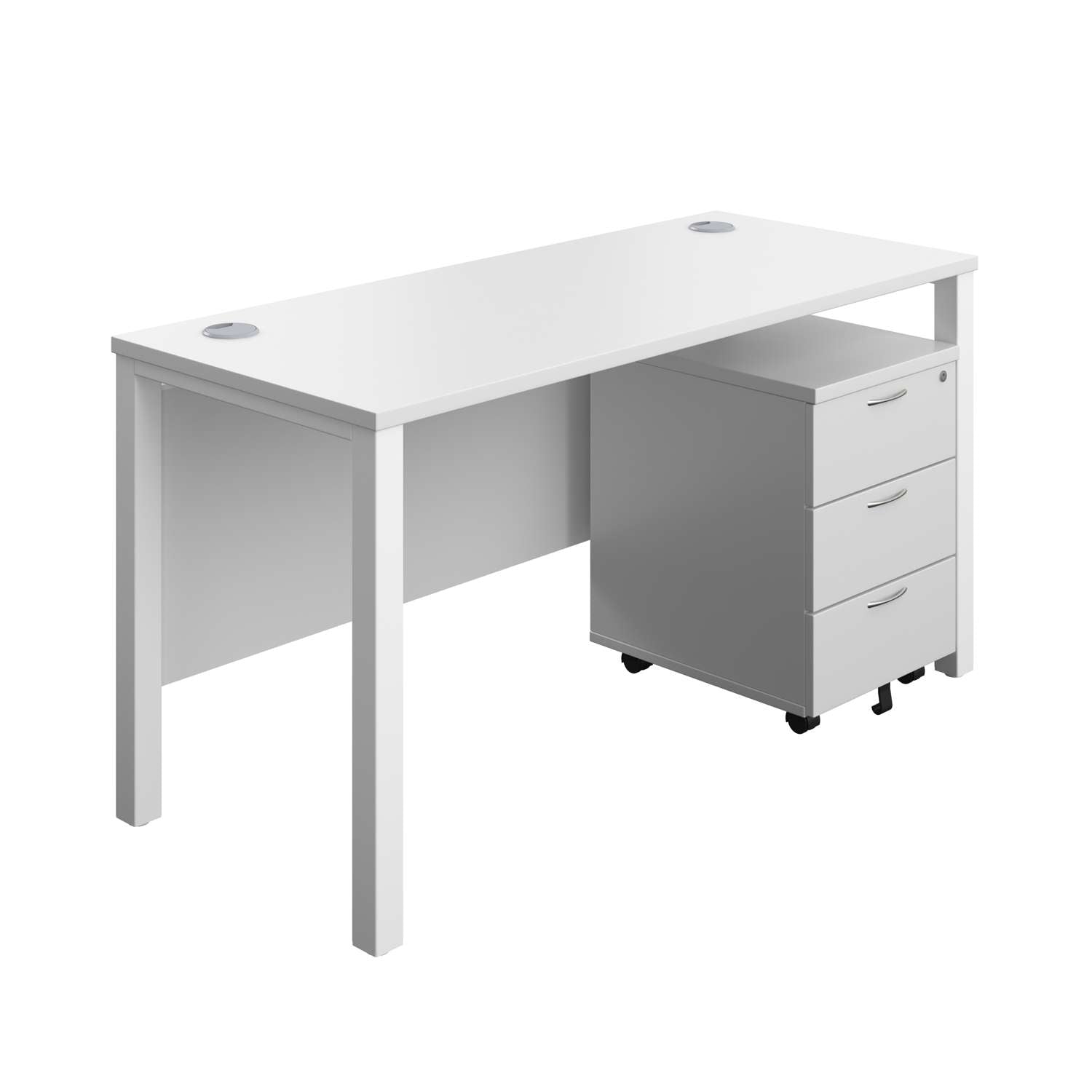 Goal Post Rectangular Desk + 3 Drawer Mobile Pedestal (FSC) | 1400x600 | White/White