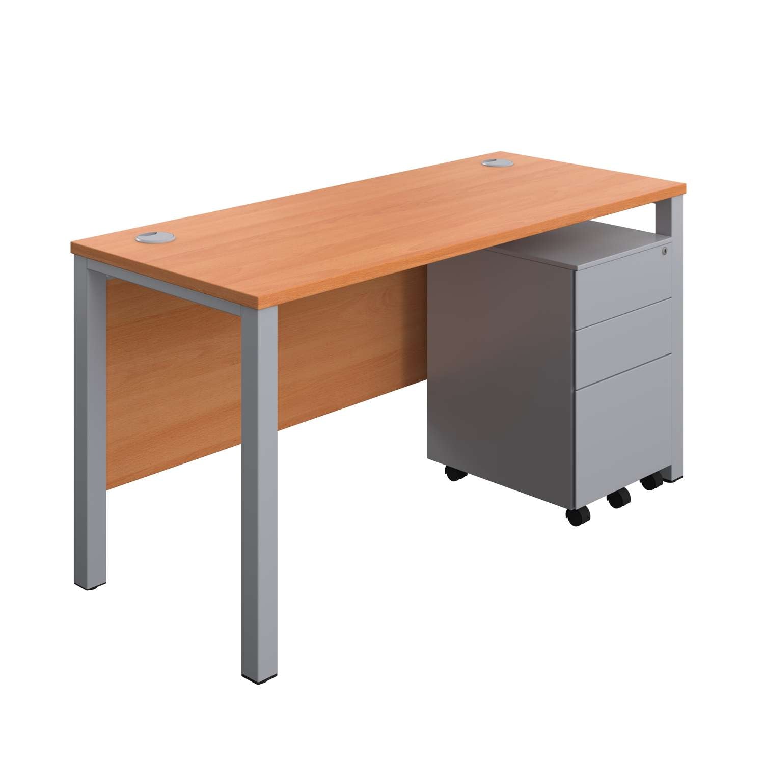 Goal Post Rectangular Desk + 3 Drawer Steel Pedestal (FSC) | 1400x600 | Beech/Silver