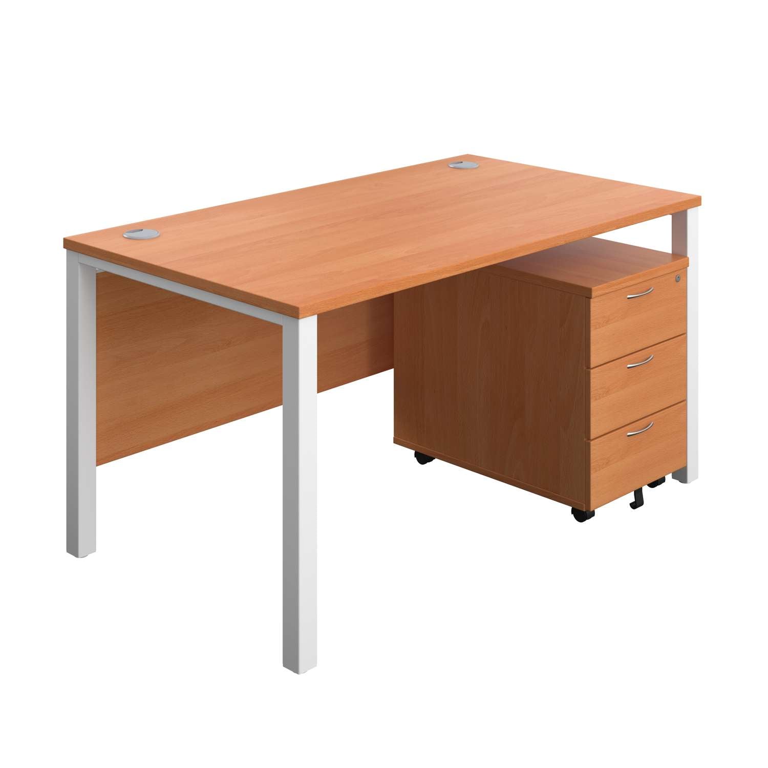 Goal Post Rectangular Desk + 3 Drawer Mobile Pedestal (FSC) | 1400x800 | Beech/White
