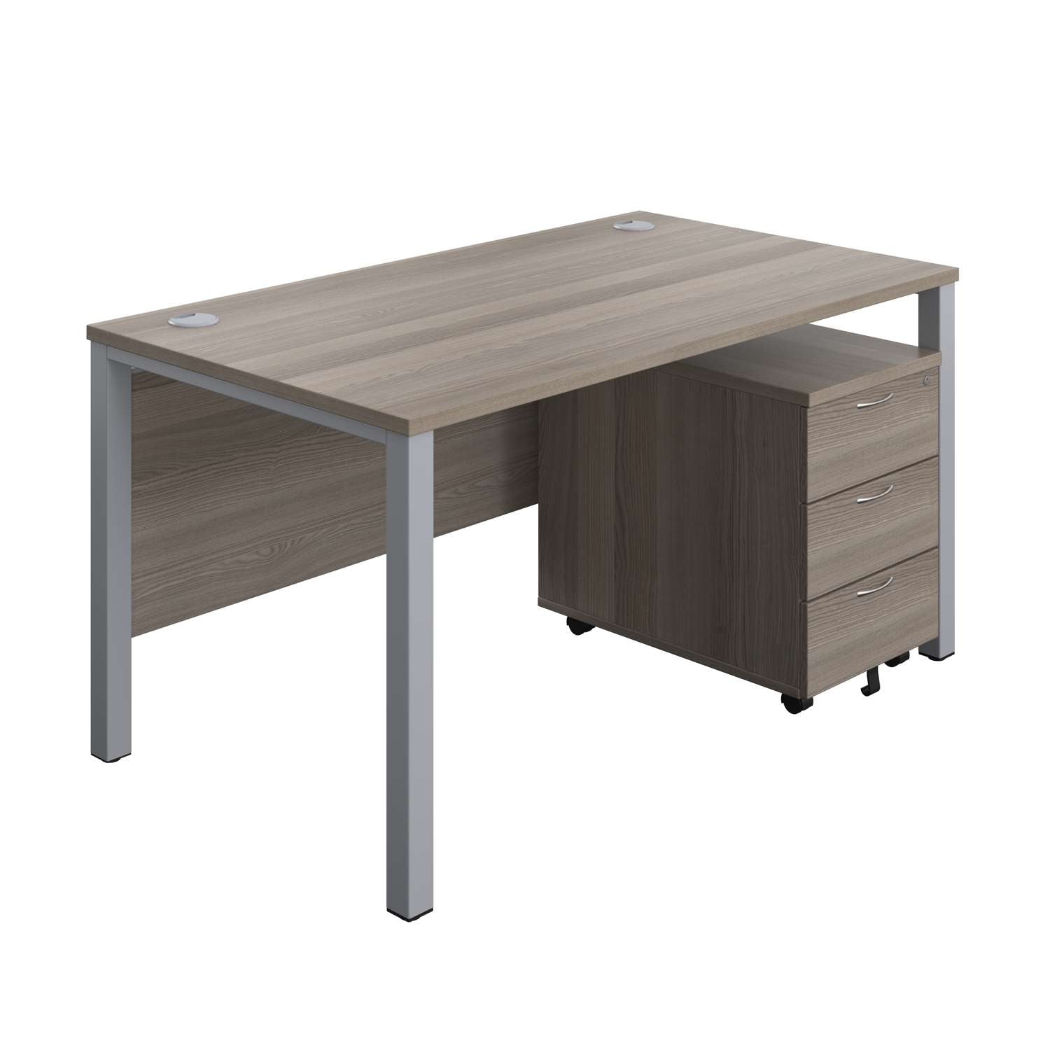 Goal Post Rectangular Desk + 3 Drawer Mobile Pedestal (FSC) | 1400x800 | Grey oak/Silver