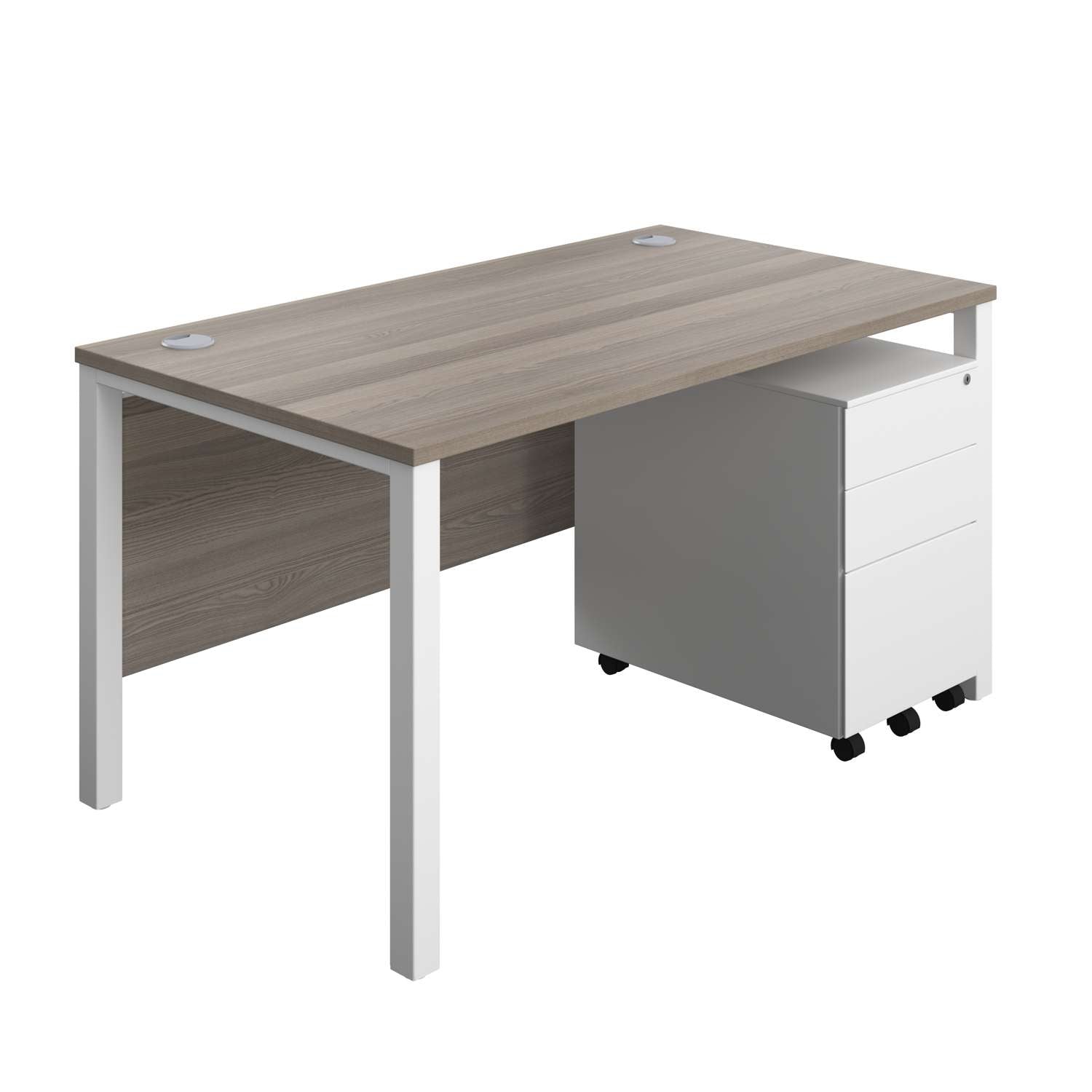 Goal Post Rectangular Desk + 3 Drawer Steel Pedestal (FSC) | 1400x800 | Grey oak/White