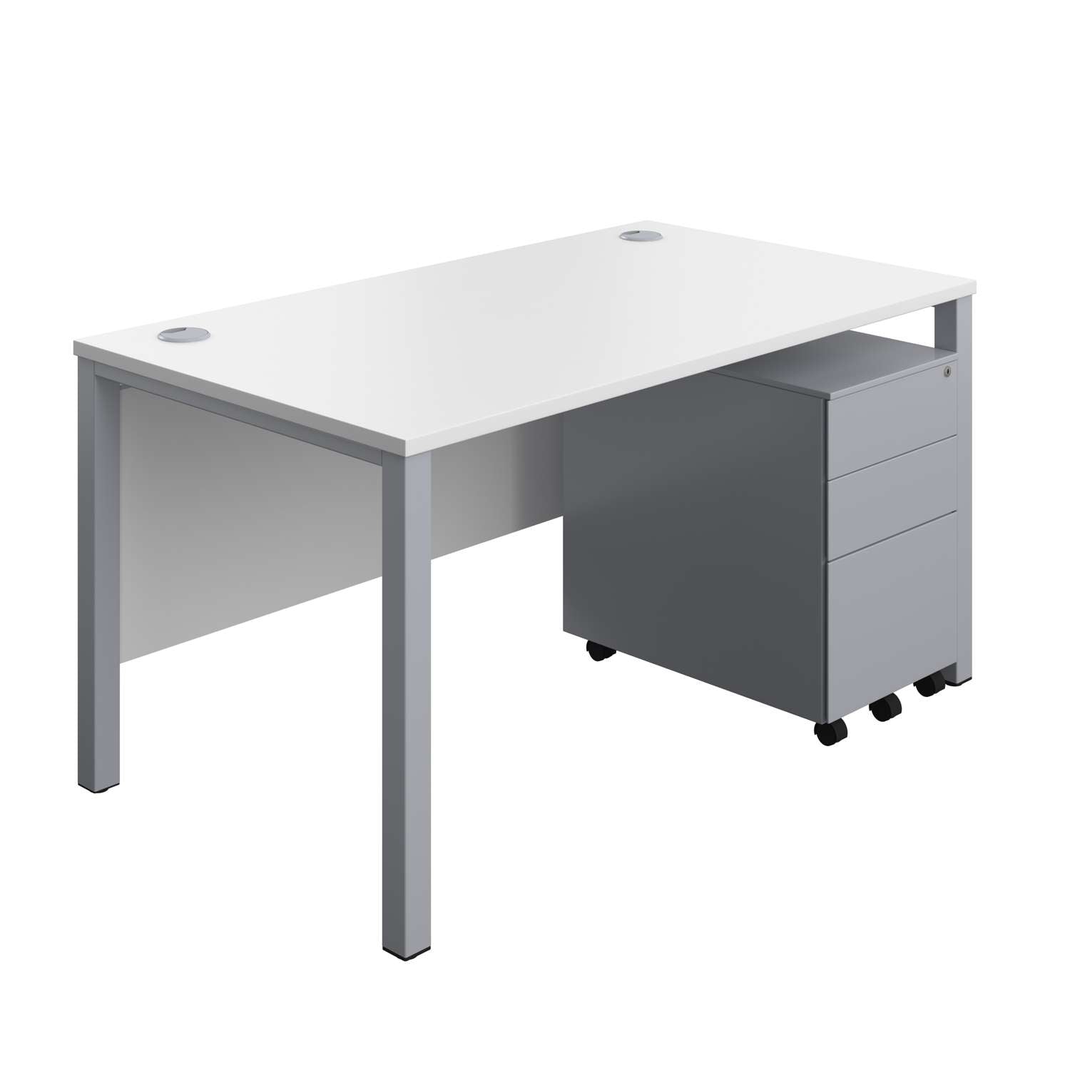 Goal Post Rectangular Desk + 3 Drawer Steel Pedestal (FSC) | 1400x800 | White/Silver