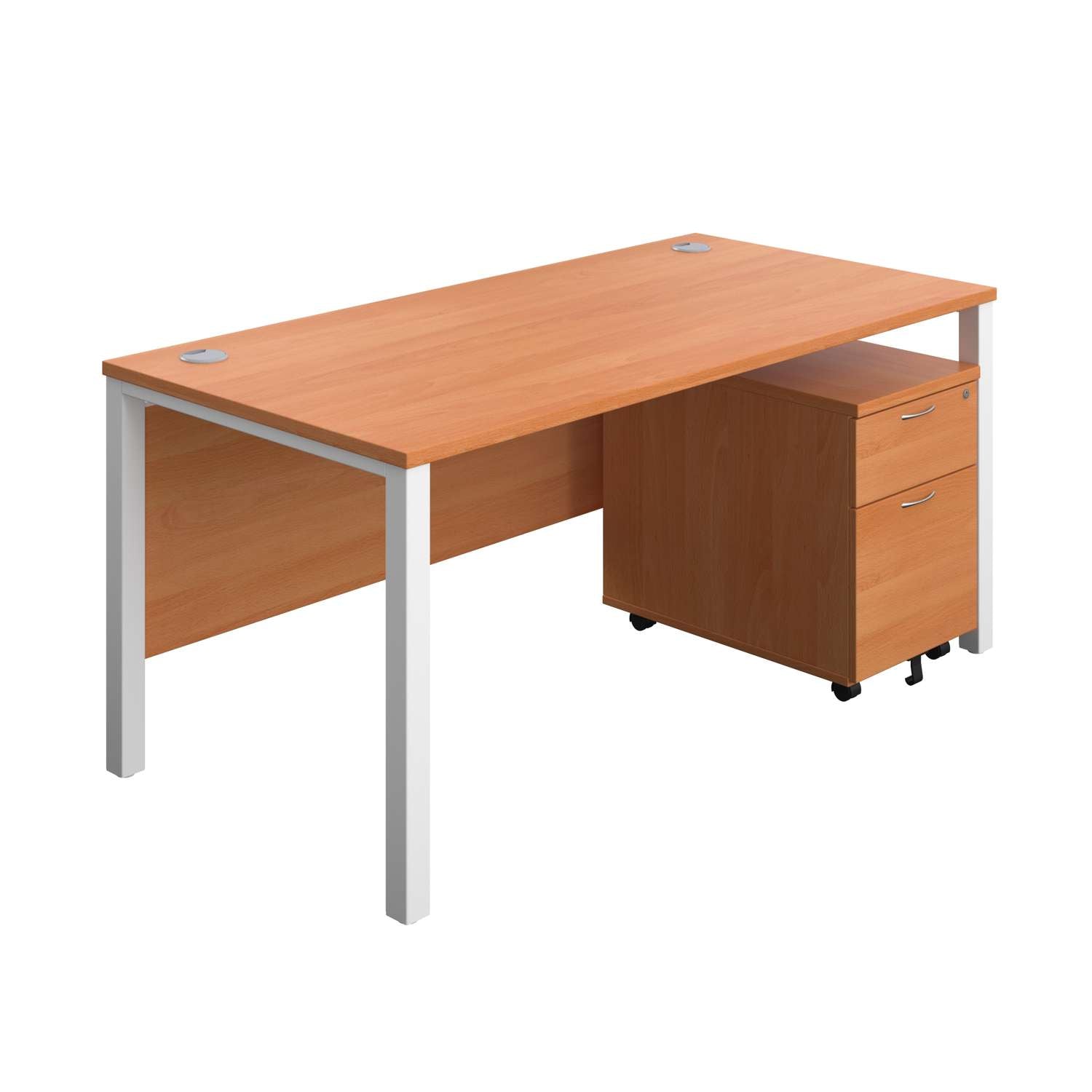 Goal Post Rectangular Desk + 2 Drawer Mobile Pedestal (FSC) | 1600x800 | Beech/White