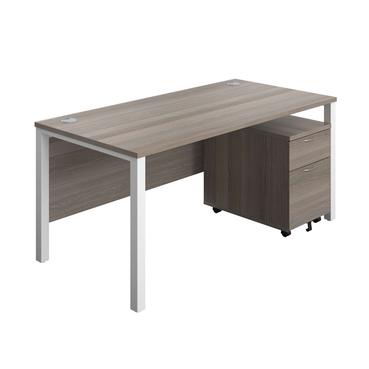 Goal Post Rectangular Desk + 2 Drawer Mobile Pedestal (FSC) | 1600x800 | Grey oak/White