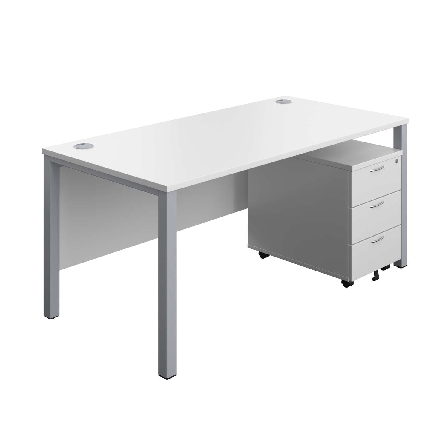 Goal Post Rectangular Desk + 3 Drawer Mobile Pedestal (FSC) | 1600x800 | White/Silver