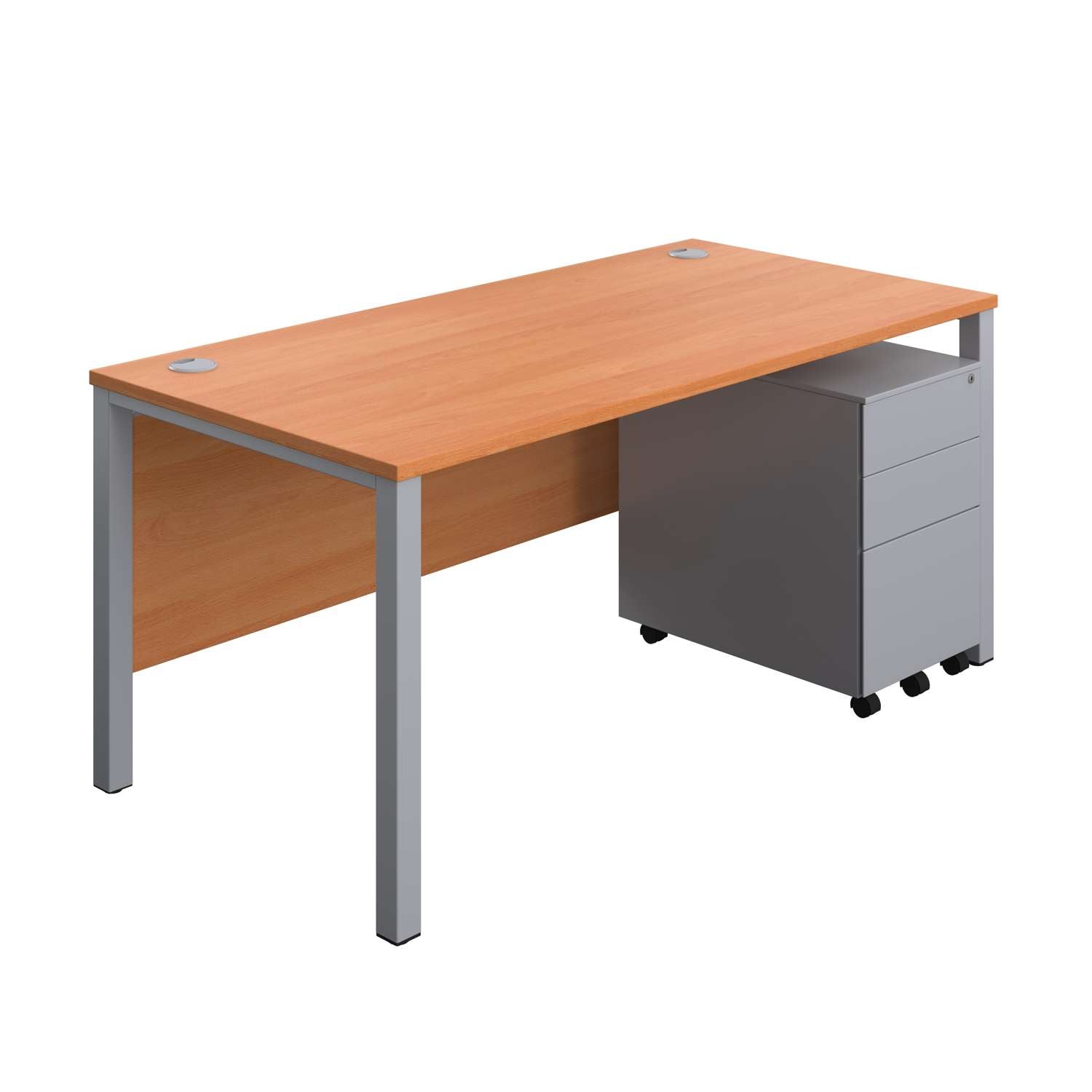 Goal Post Rectangular Desk + 3 Drawer Steel Pedestal (FSC) | 1600x800 | Beech/Silver